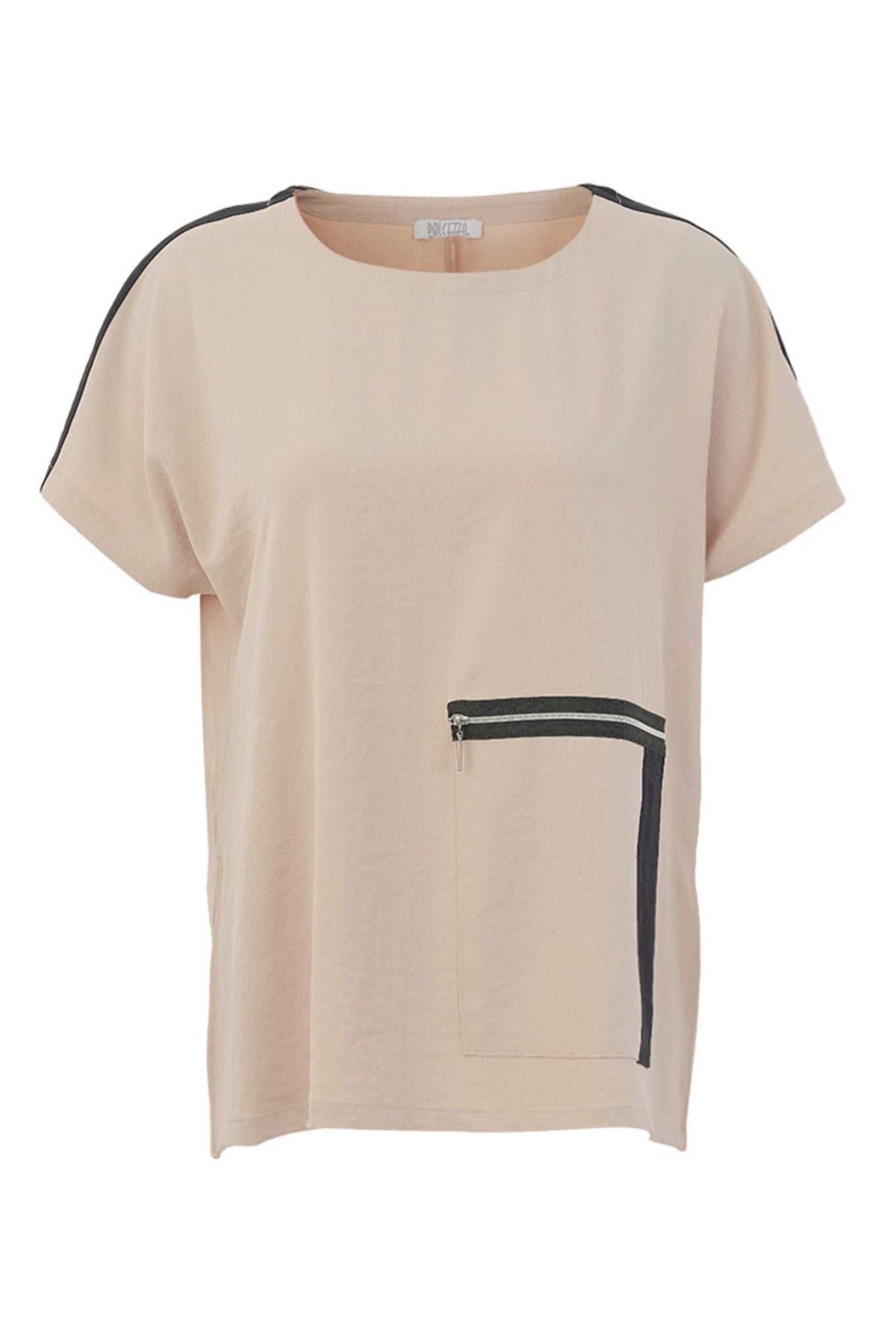 A short-sleeve beige top with black stripe details running along the shoulders and a vertical stripe accent near the front pocket, shown on a plain white background.