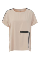 A short-sleeve beige top with black stripe details running along the shoulders and a vertical stripe accent near the front pocket, shown on a plain white background.