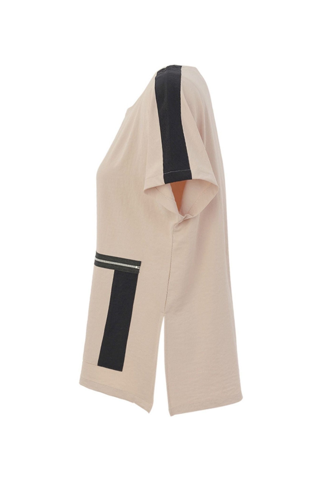 A beige short-sleeve tunic top with black contrast panels on the shoulder and a large front pocket, shown from a side profile view against a plain white background.
