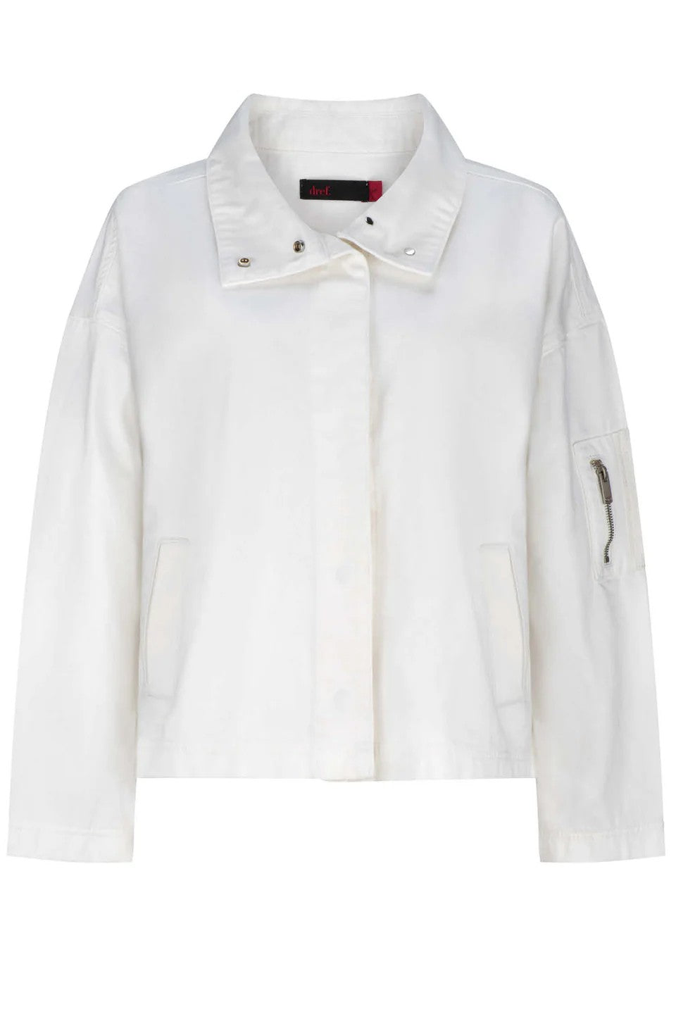 White jacket with a brand label on a white background