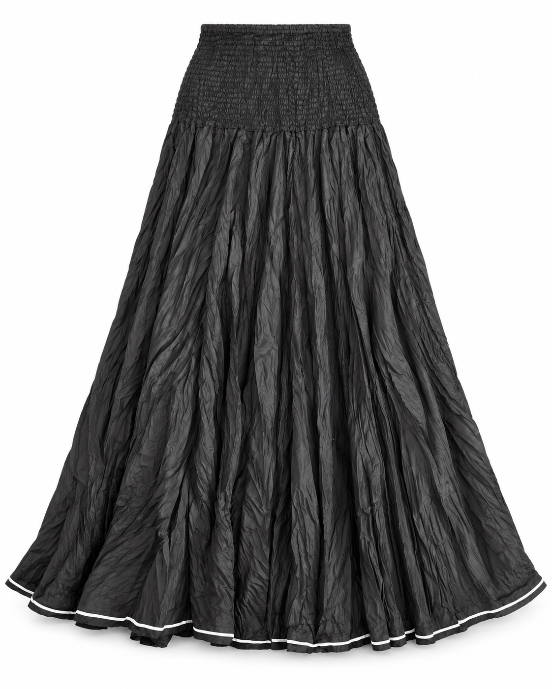A black crinkled cotton maxi skirt with a smocked elastic waistband and a thin white piping trim along the hem, shown against a plain white background.