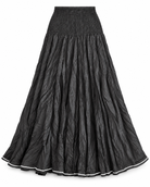 A black crinkled cotton maxi skirt with a smocked elastic waistband and a thin white piping trim along the hem, shown against a plain white background.