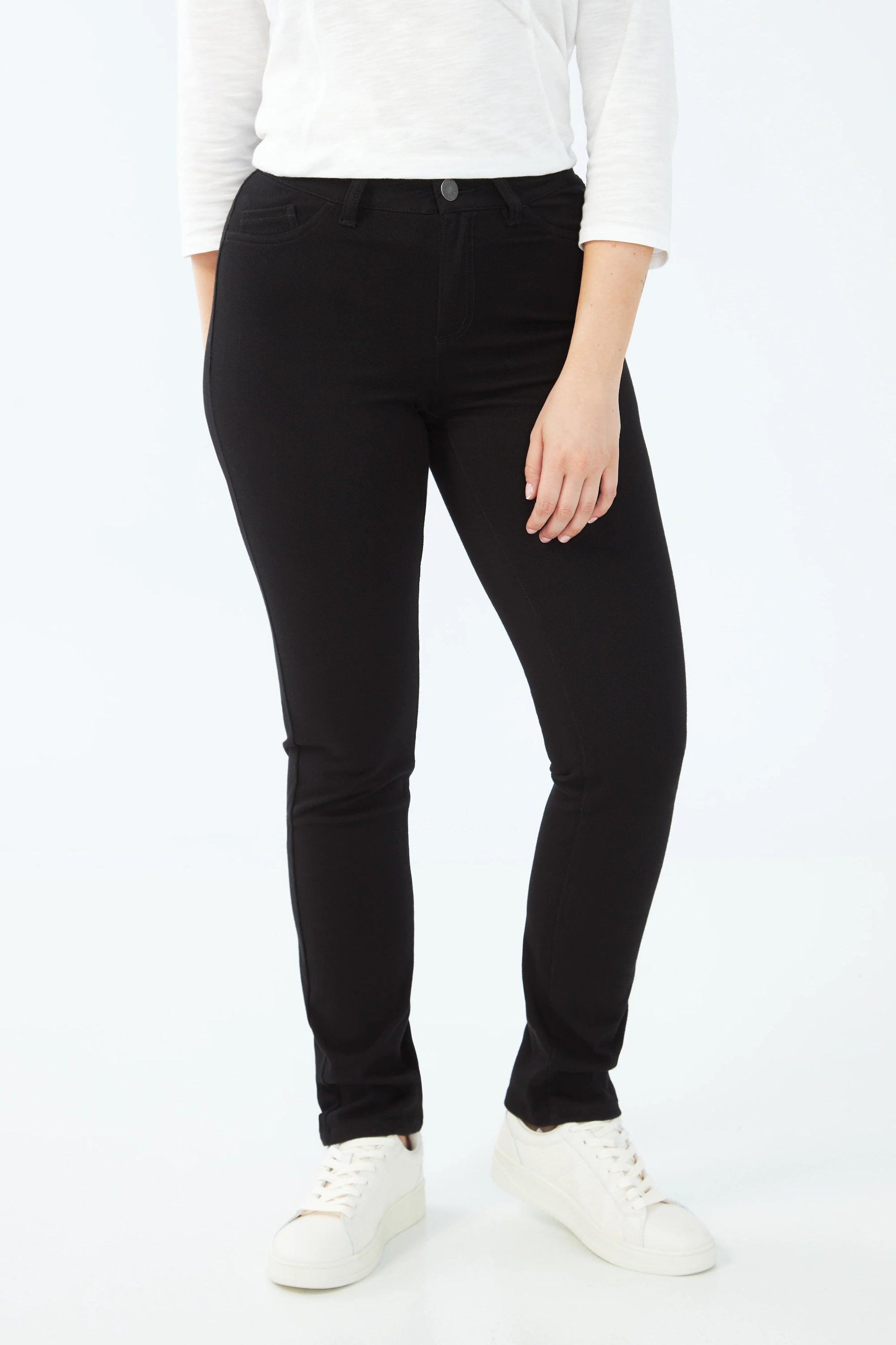 black slim jean worn by model 