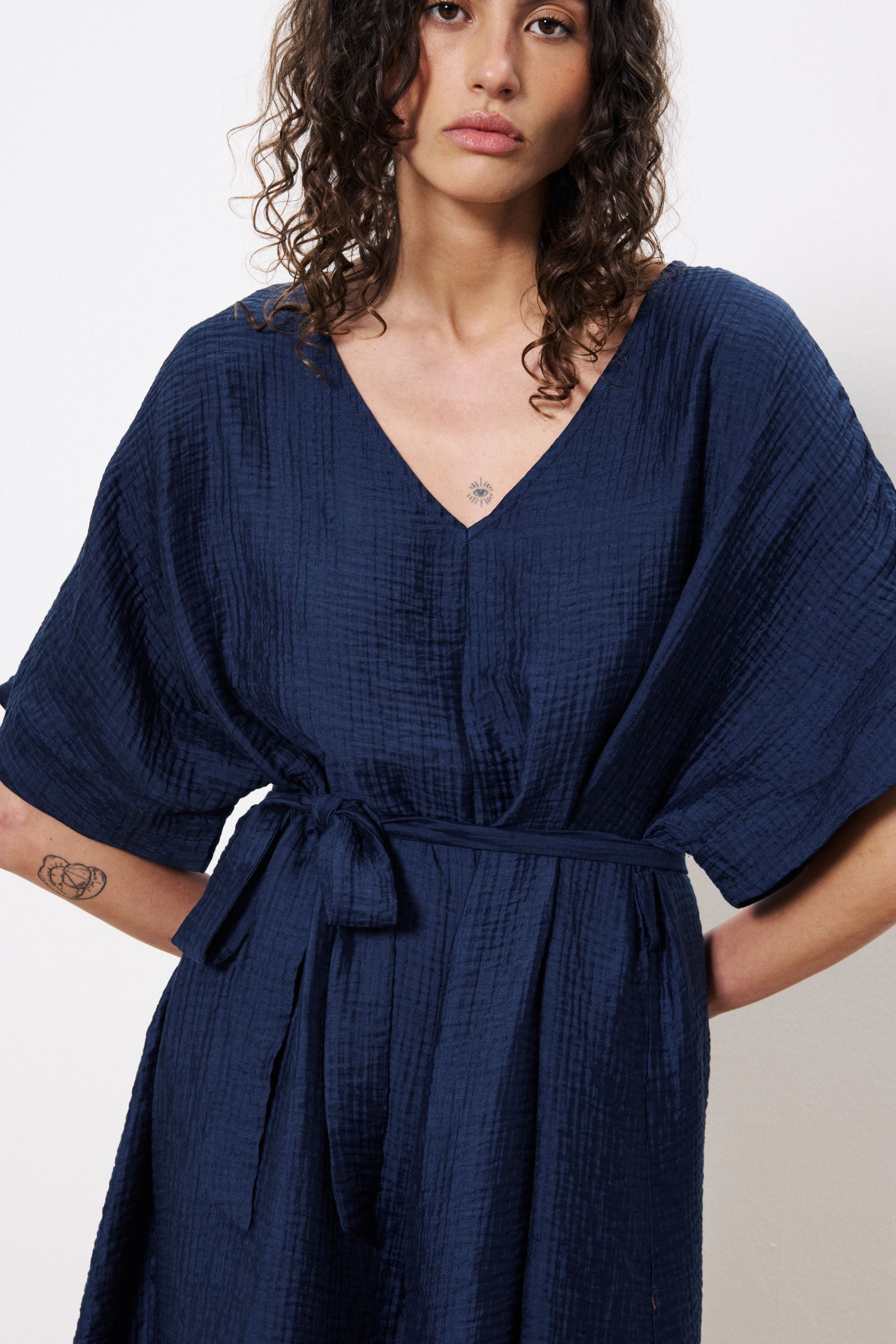 navy midi dress tie waist worn by model 