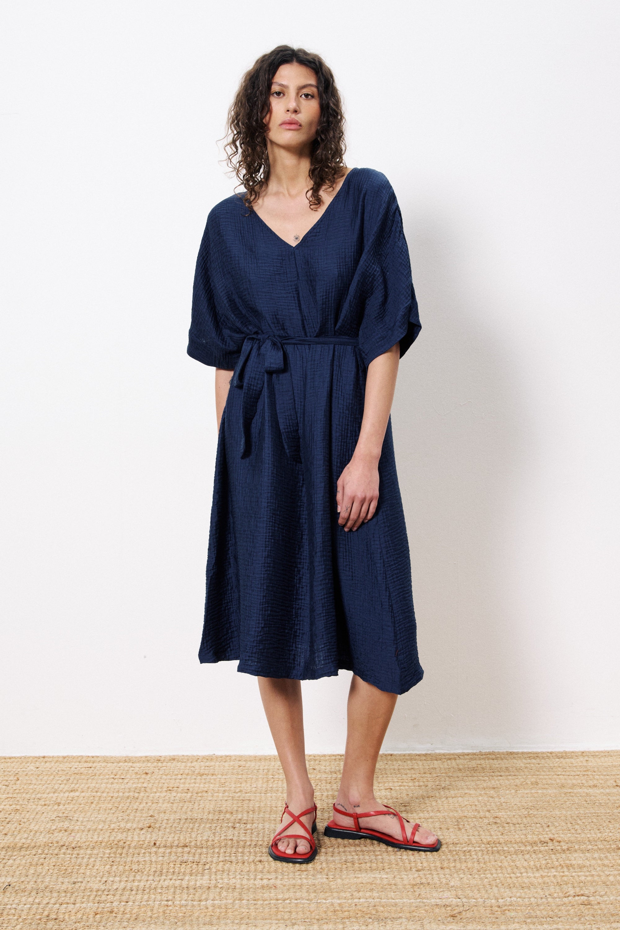 navy midi dress tie waist worn by model 