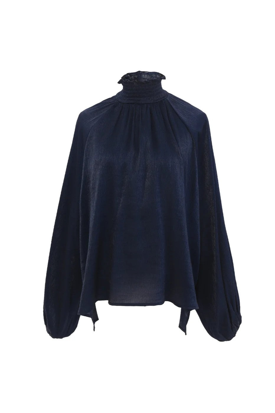 Navy blue blouse with a high neckline on a white background