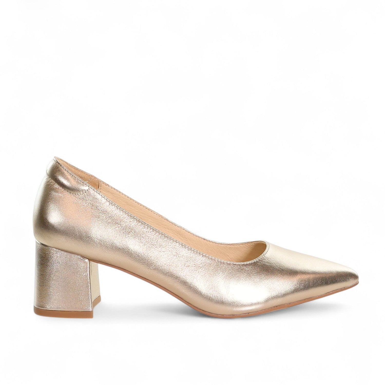 Gold metallic high heel shoe on a white background