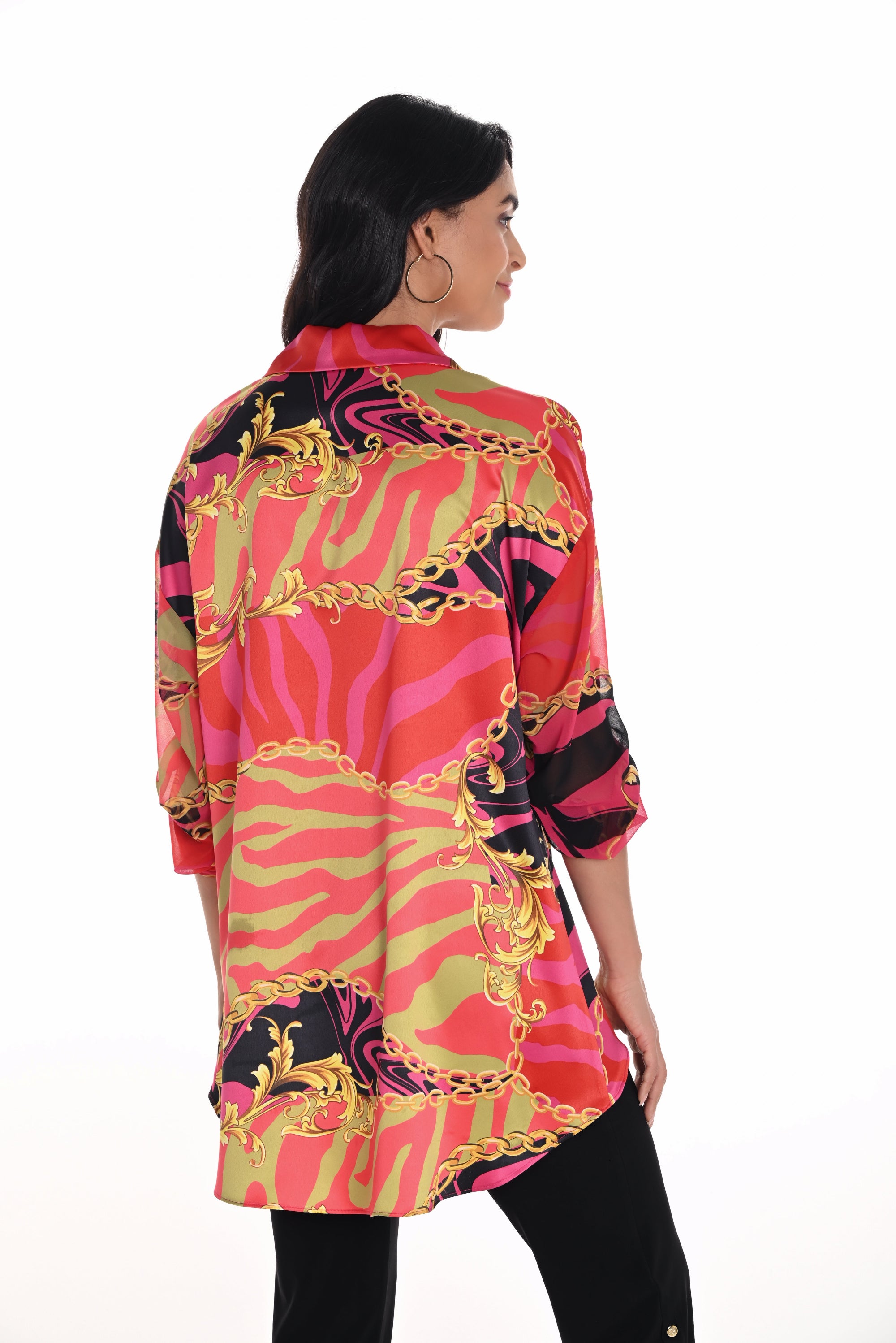 womens relaxed fit shirt pink red with gold chain design worn by model back view