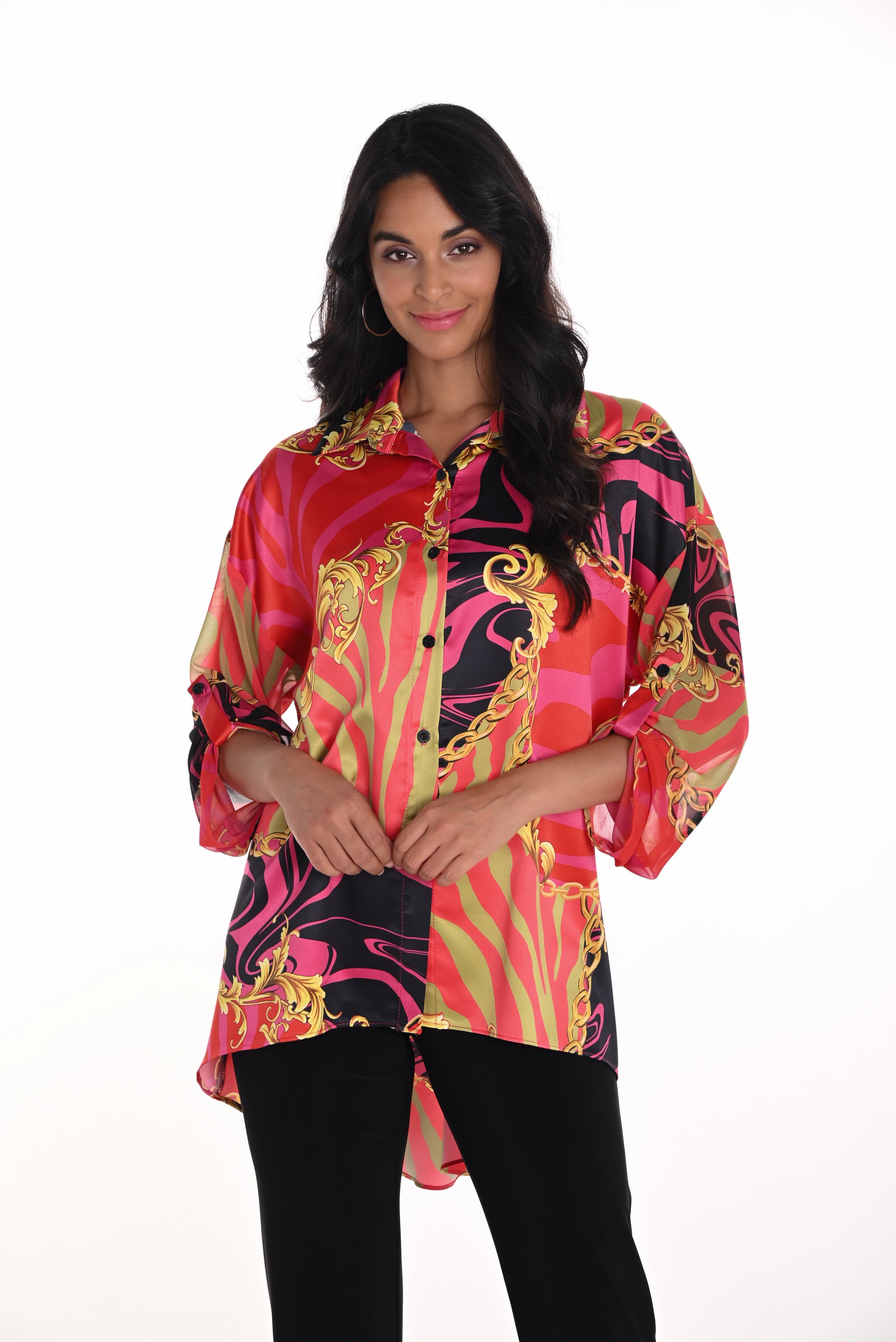 womens relaxed fit shirt pink red with gold chain design worn by model