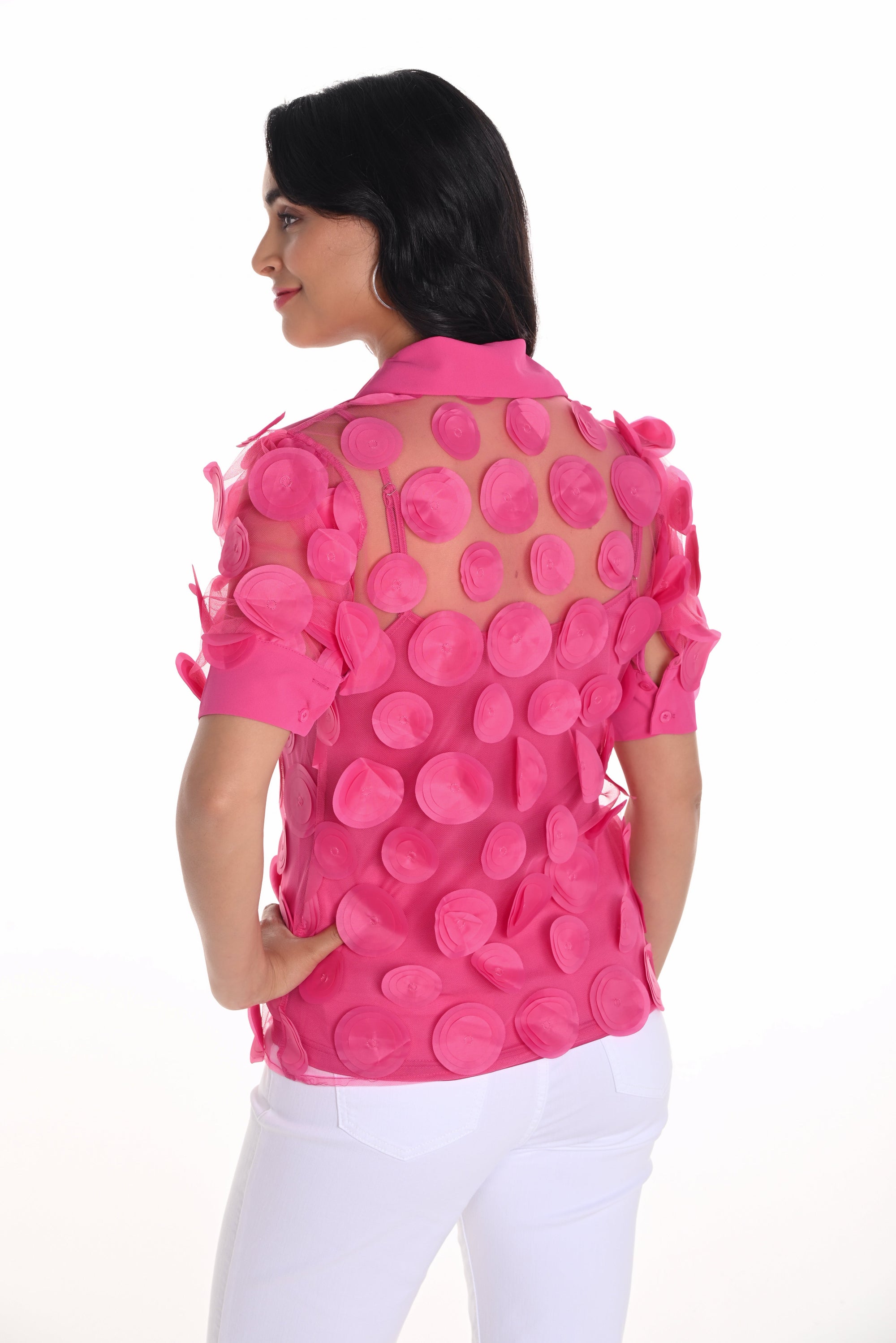 Womens applique blouse fuschia with circle appliques worn by model back view