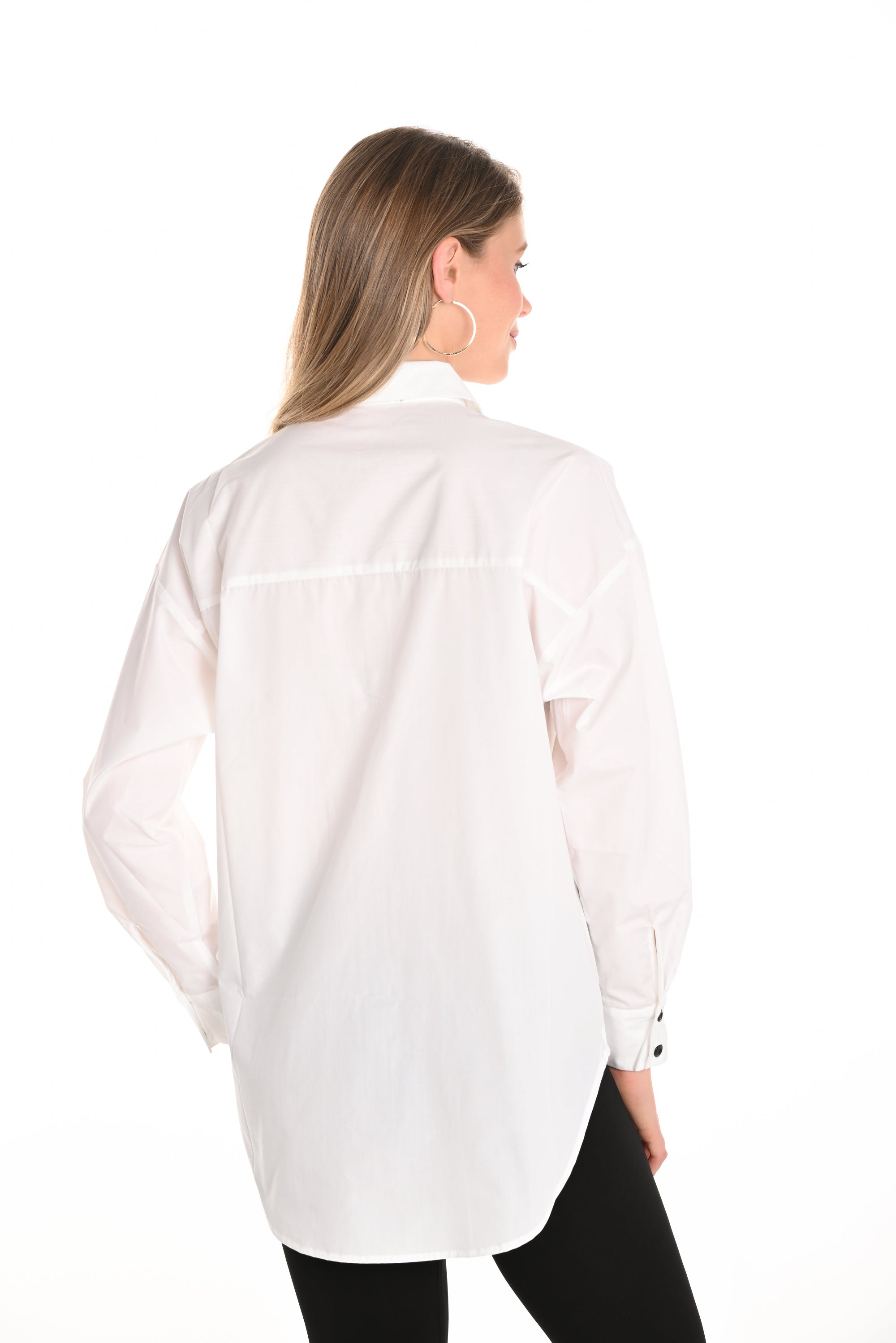 womens button through shirt with braid abstract detailing worn by model back view