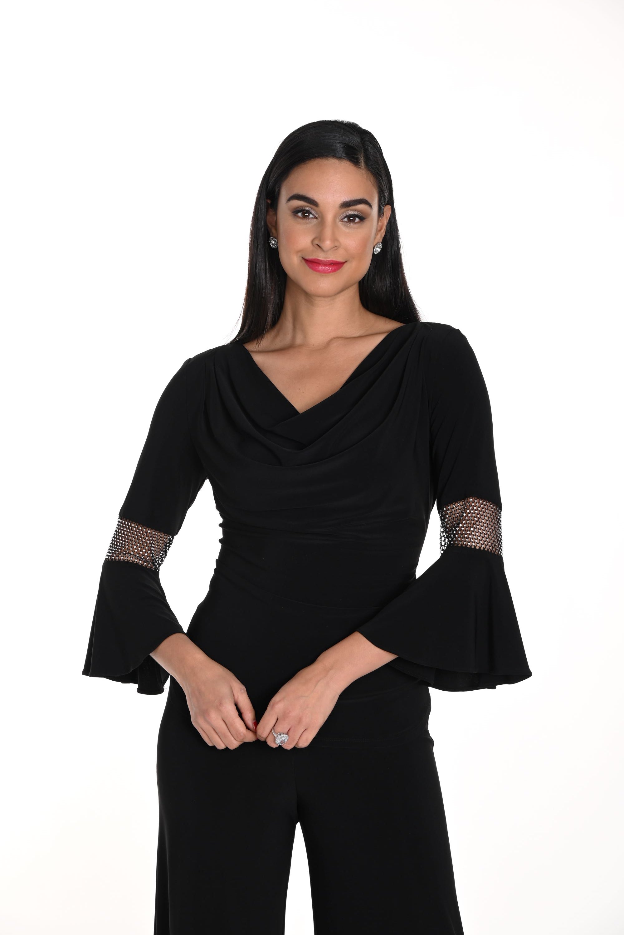 long sleeve cowl neck top with diamante detail sleeve