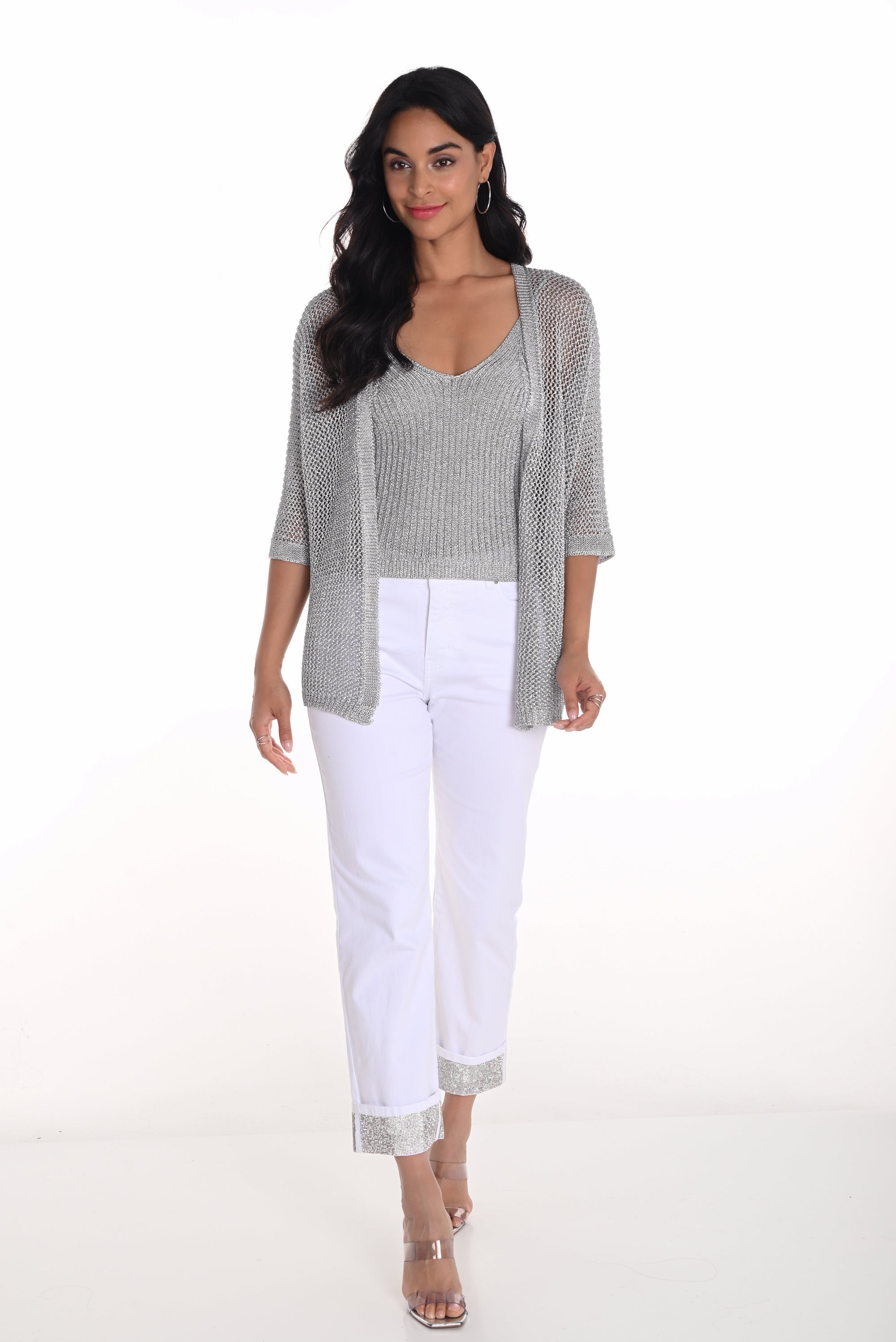 womens wide leg off white jeans with silver sparkle hem worn by model