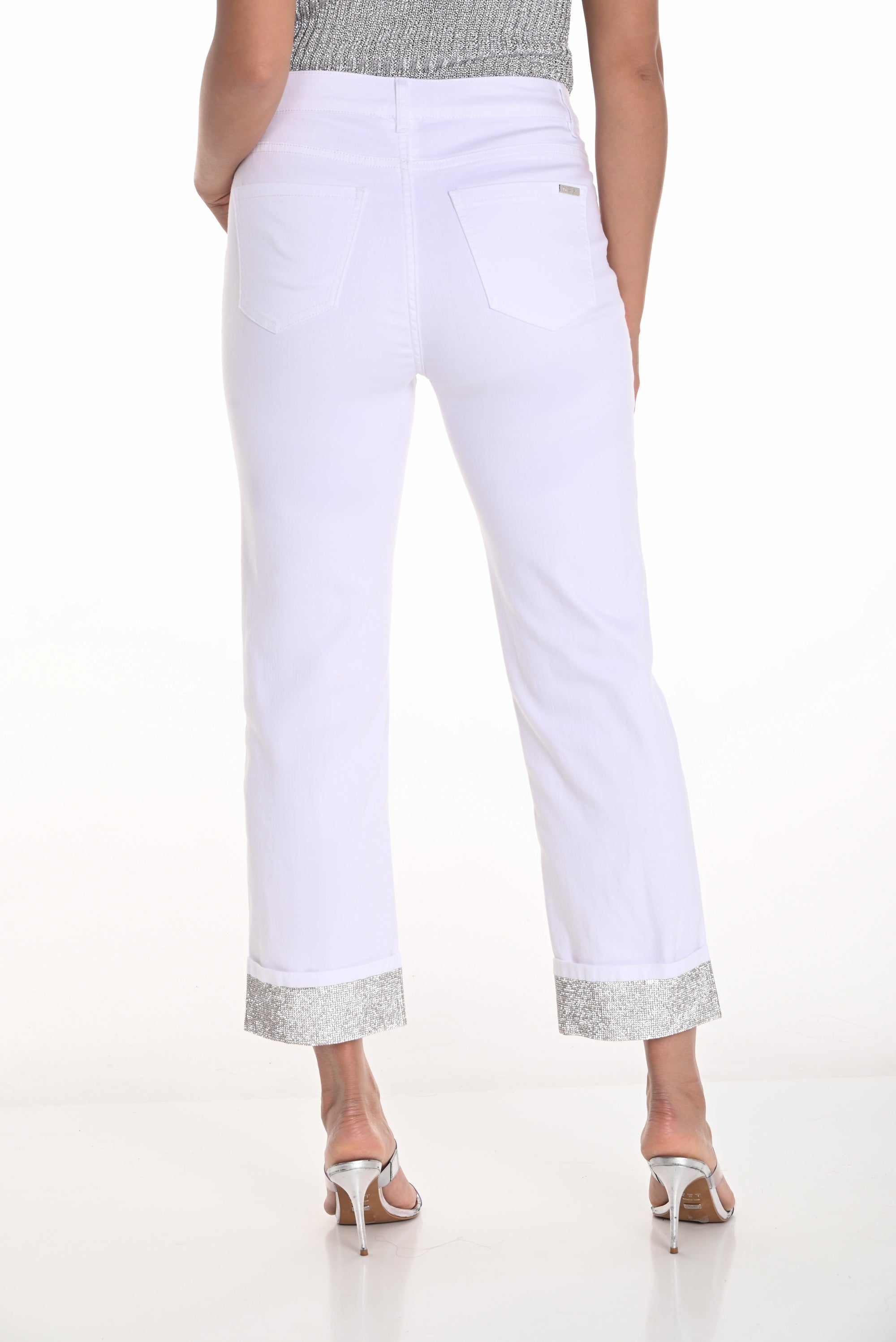 womens wide leg off white jeans with silver sparkle hem worn by model back view