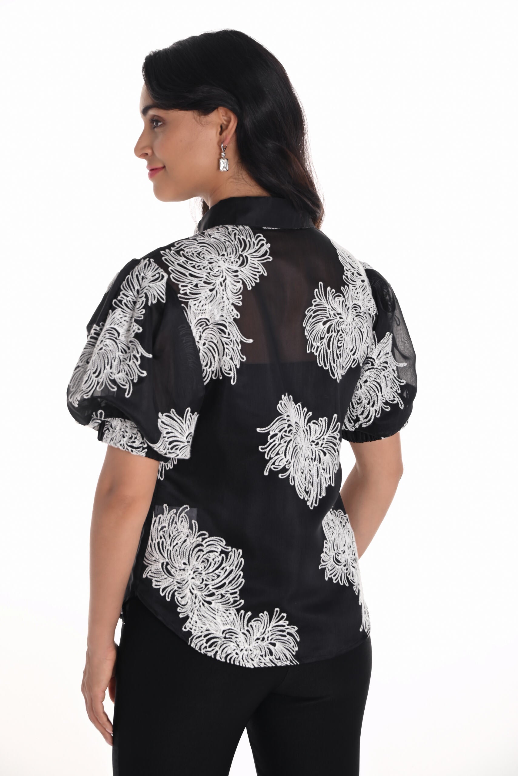 womens puff sleeve blouse with embroidered chrysanthemum back view