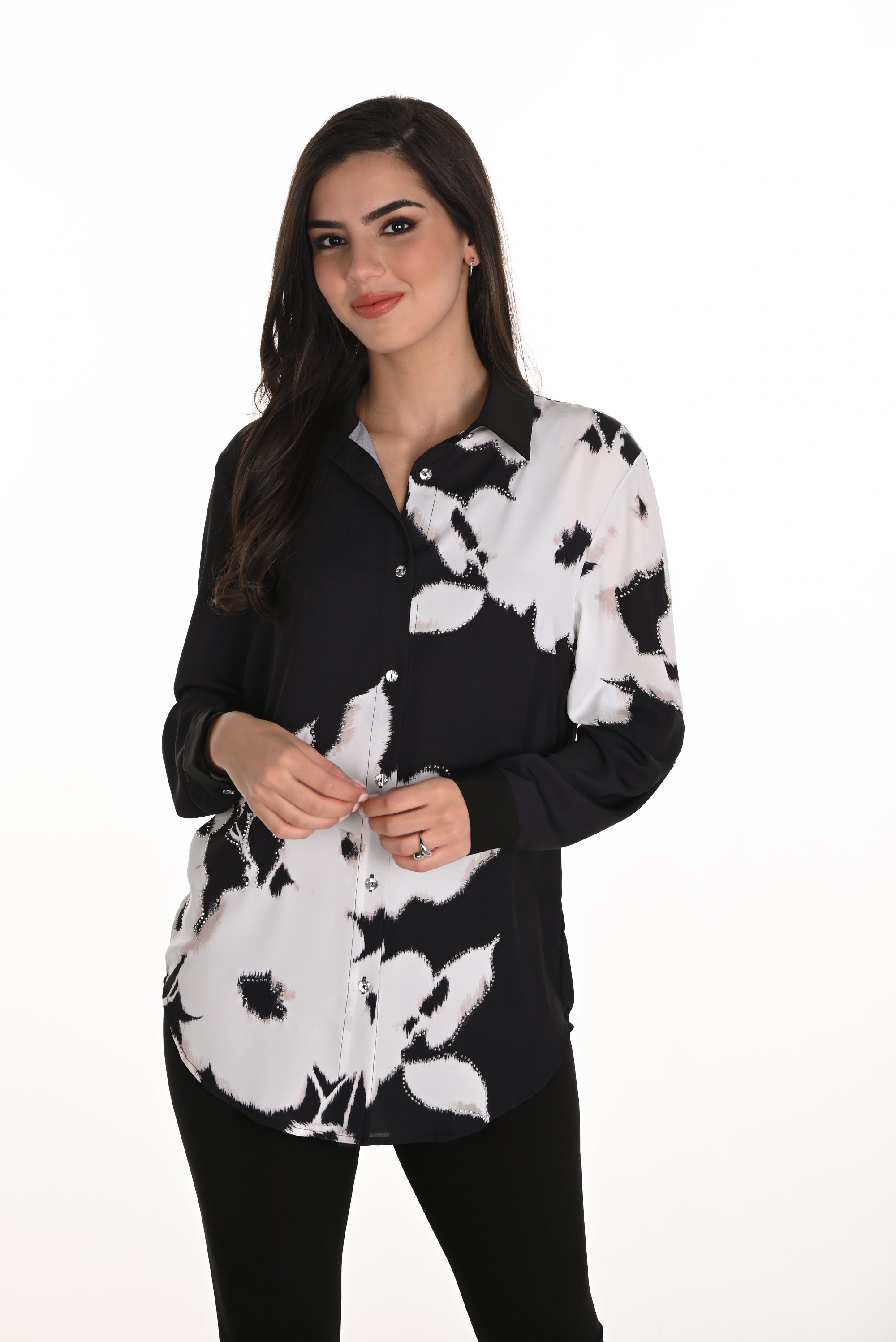 black and off white floral shirt with diamantes worn by model 