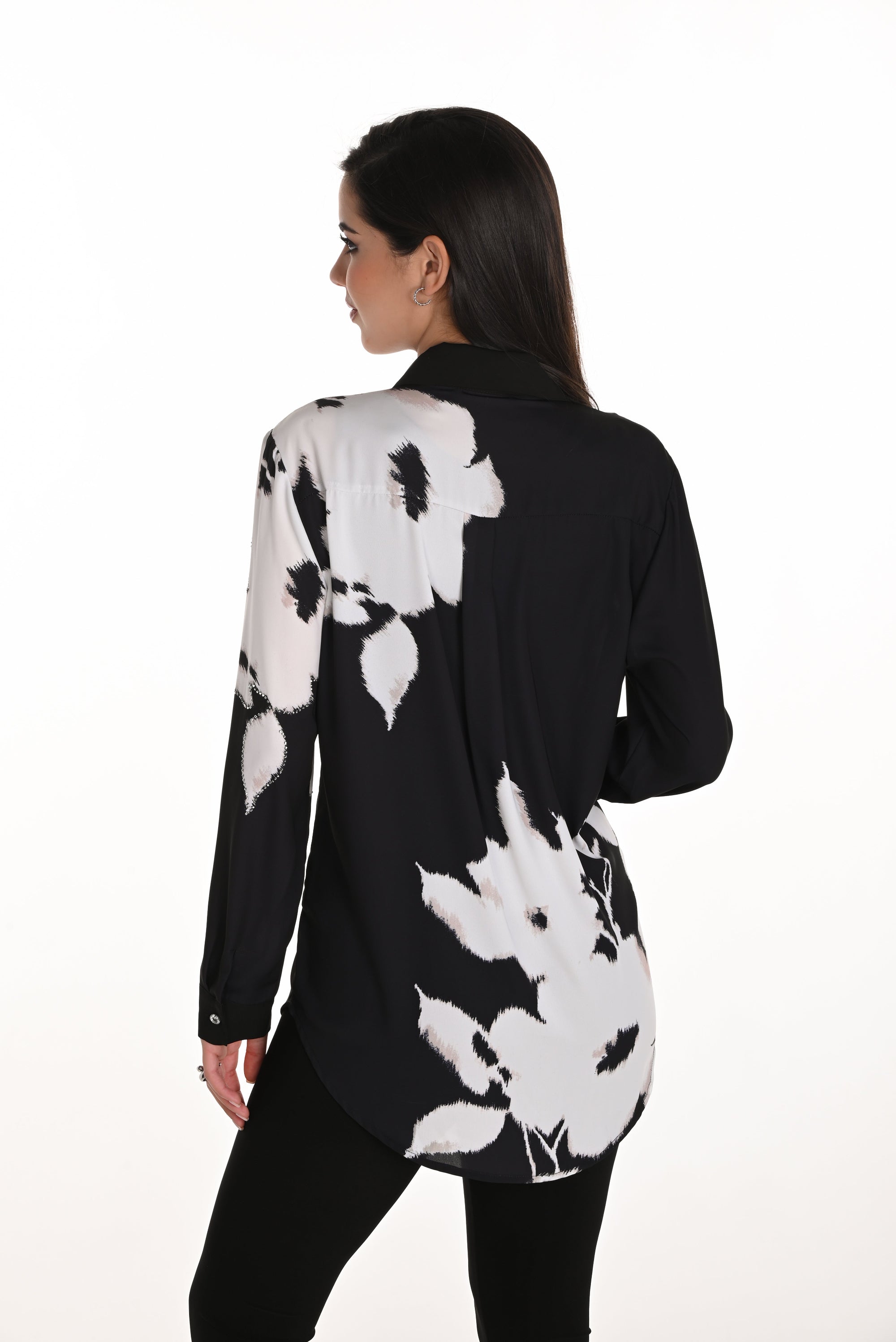 black and off white floral shirt with diamantes worn by model back view