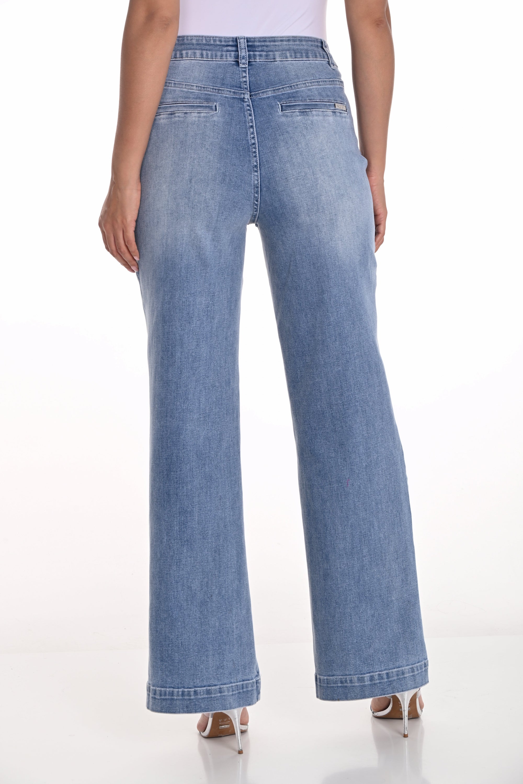 womens wide leg mid blue jeans with chain pocket detail back view