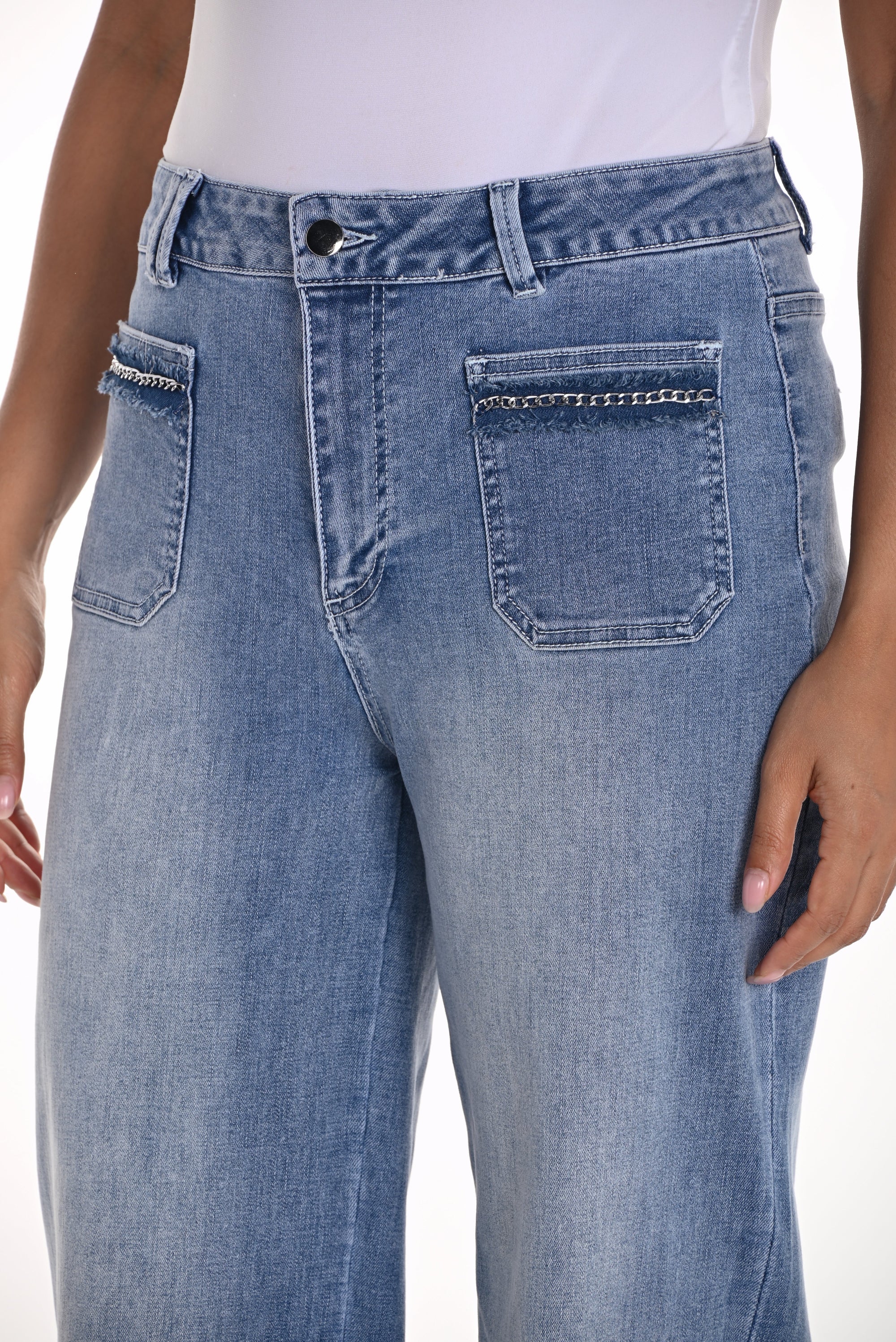 womens wide leg mid blue jeans with chain pocket detail close up