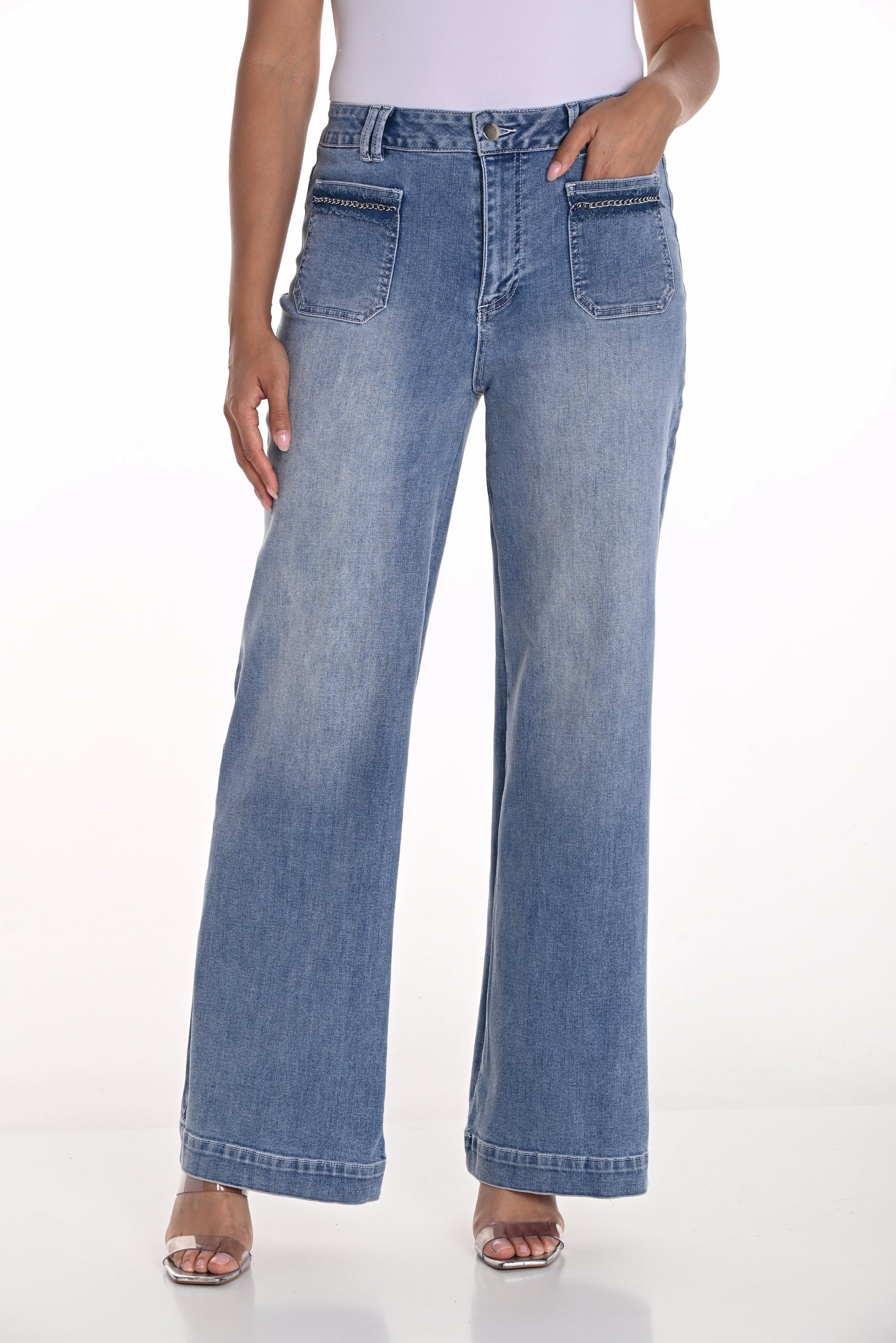 womens wide leg mid blue jeans with chain pocket detail 