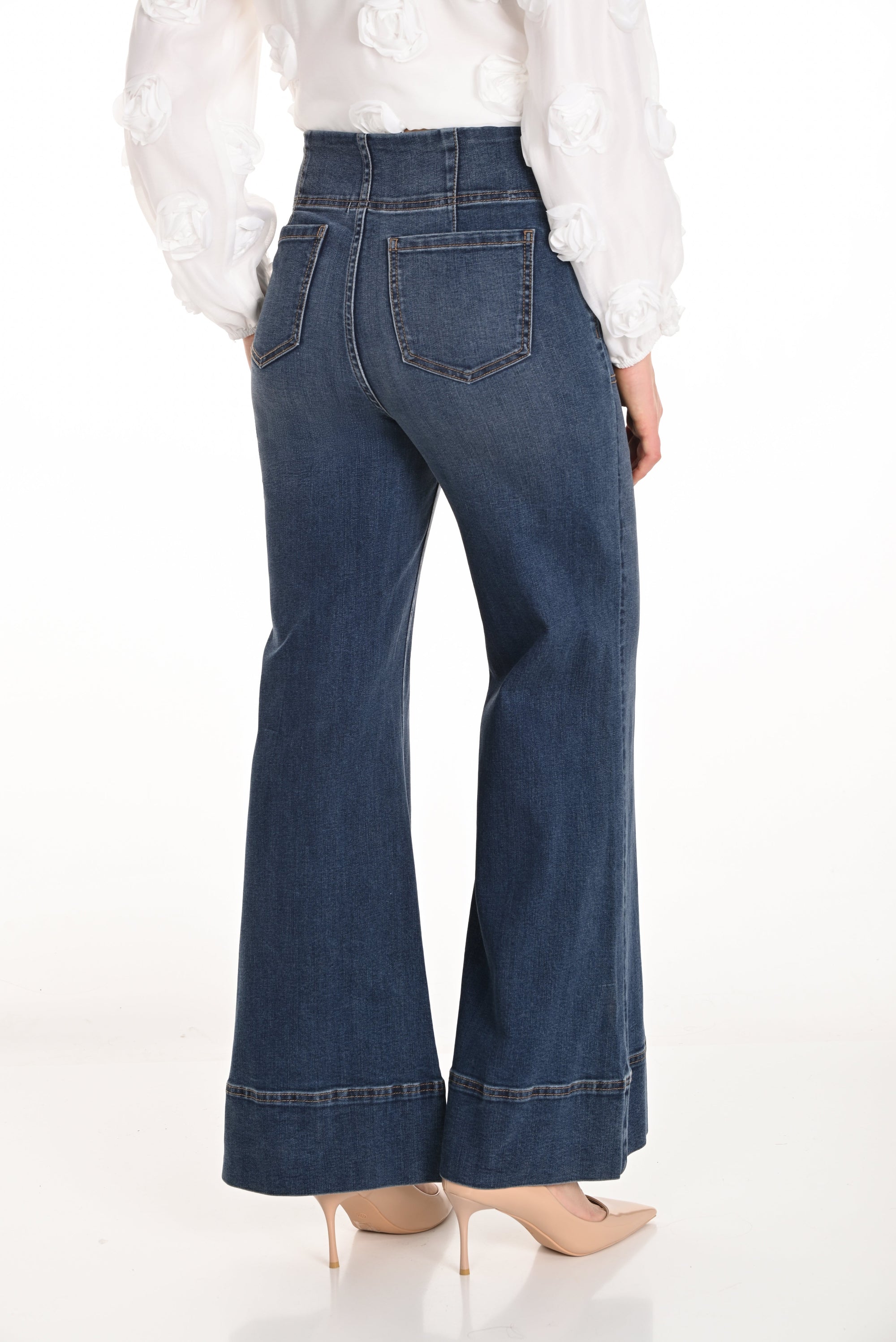 pull on jean flare pant worn by model back view