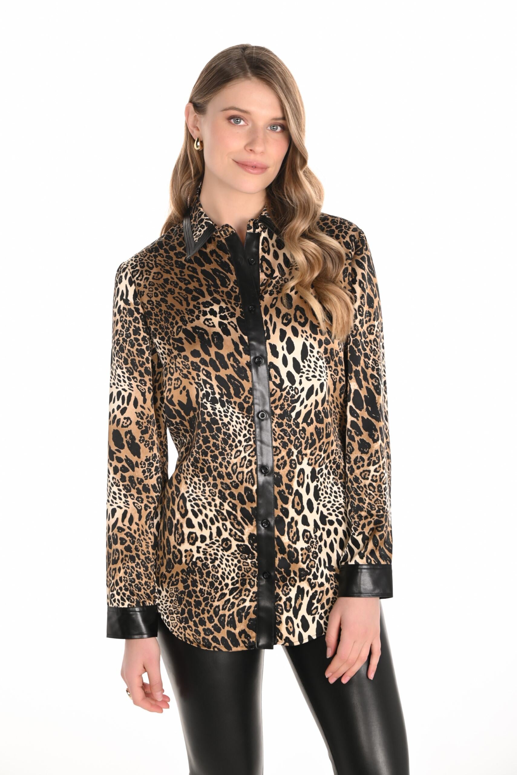womens long sleeve leopard print shirt with faux leather trims