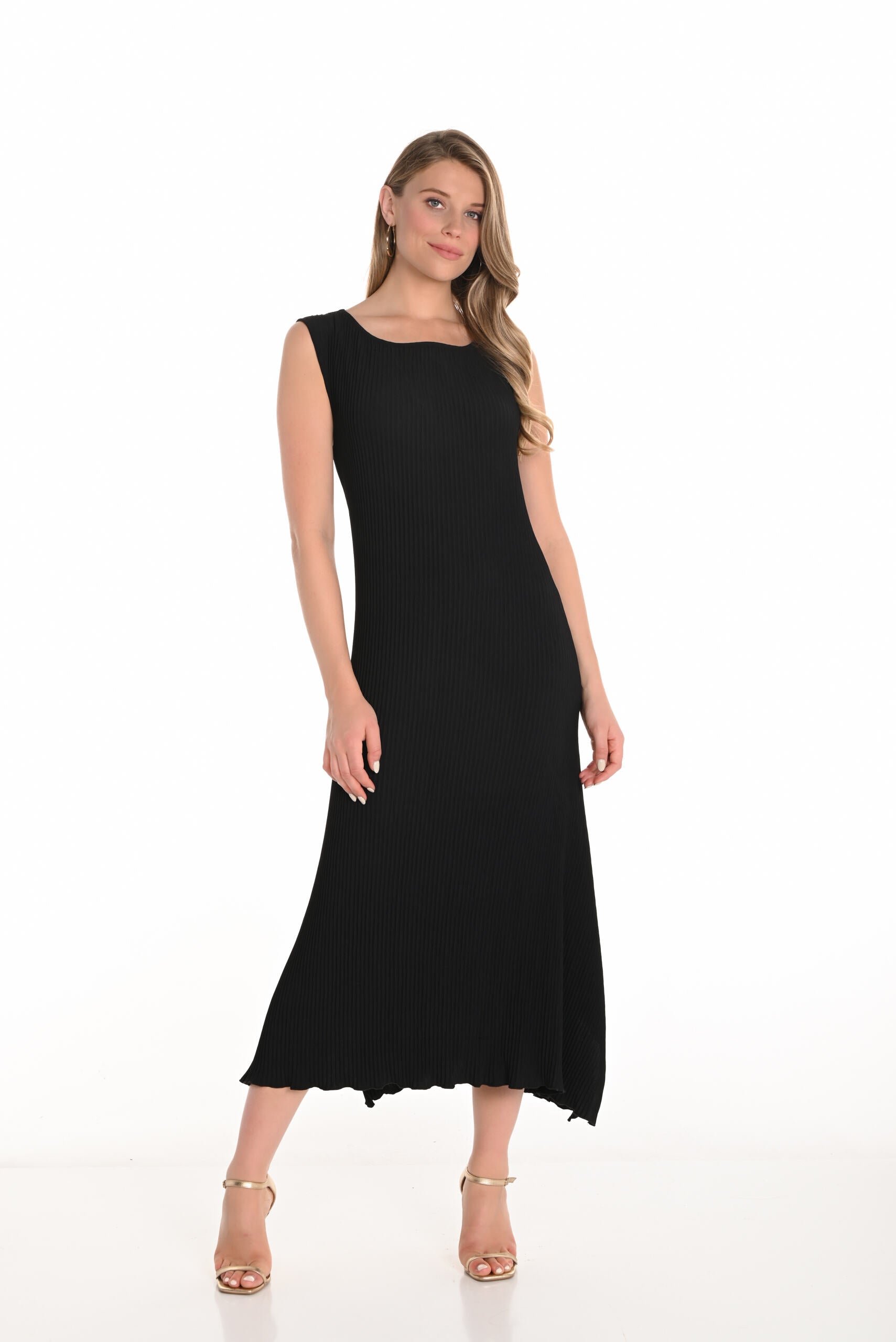 womens pleated sleeveless midi dress in black worn by model 