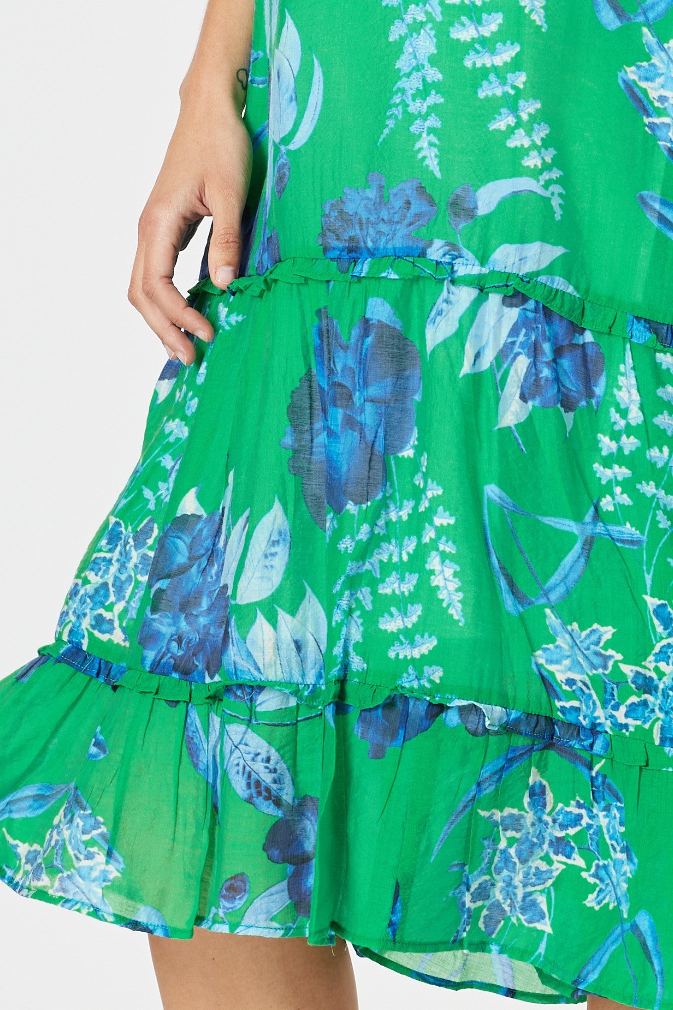 womens midi dress with soft pleating v neckline in green and blue floral print bottom detail