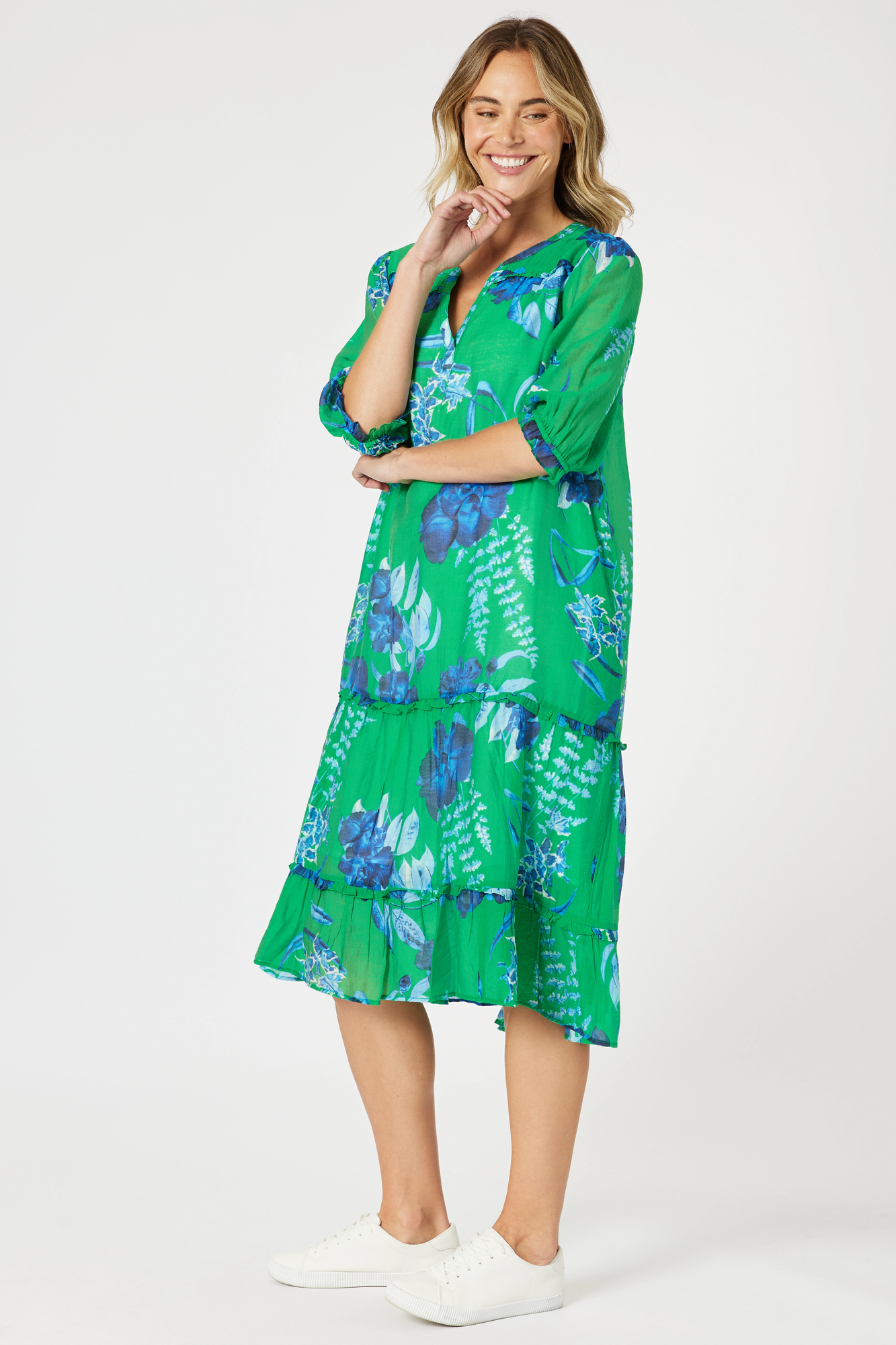 womens midi dress with soft pleating v neckline in green and blue floral print