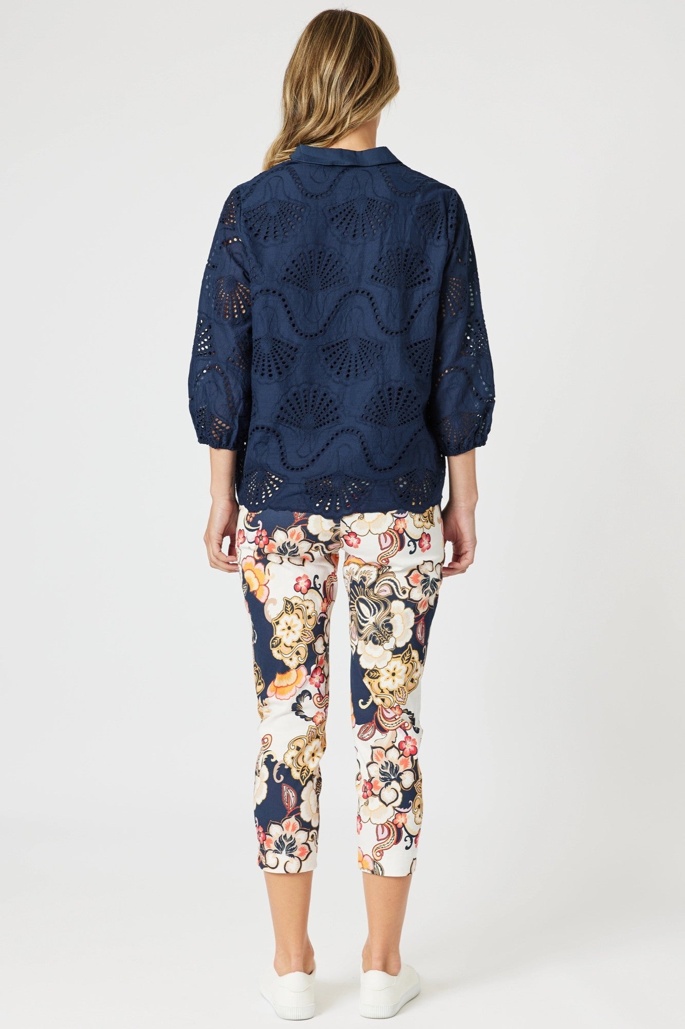 womens cropped navy multi print pant worn by model back view