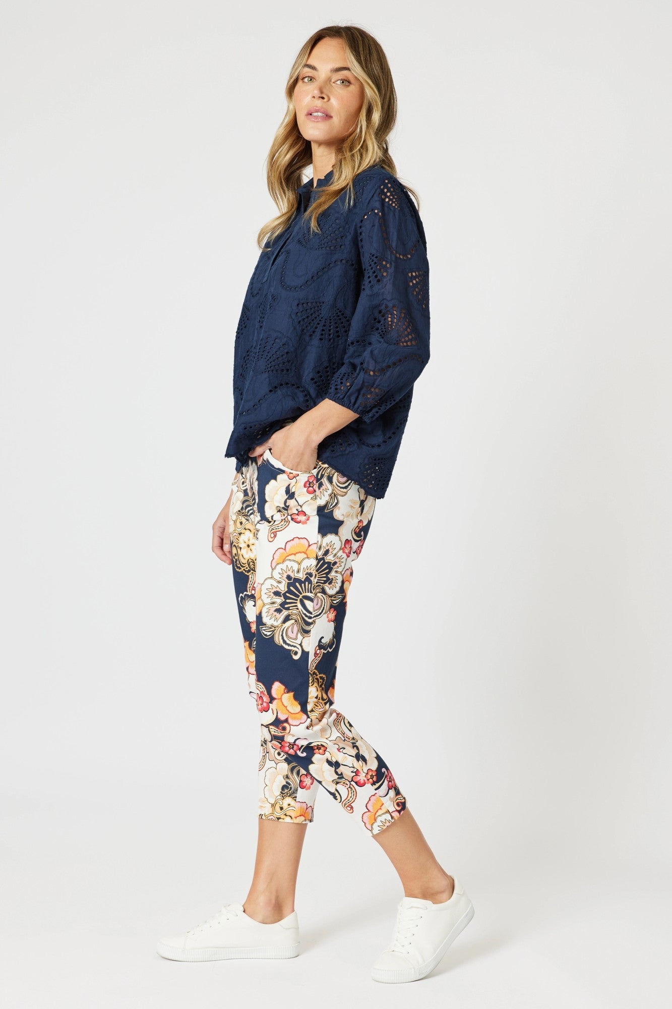 womens cropped navy multi print pant worn by model side view