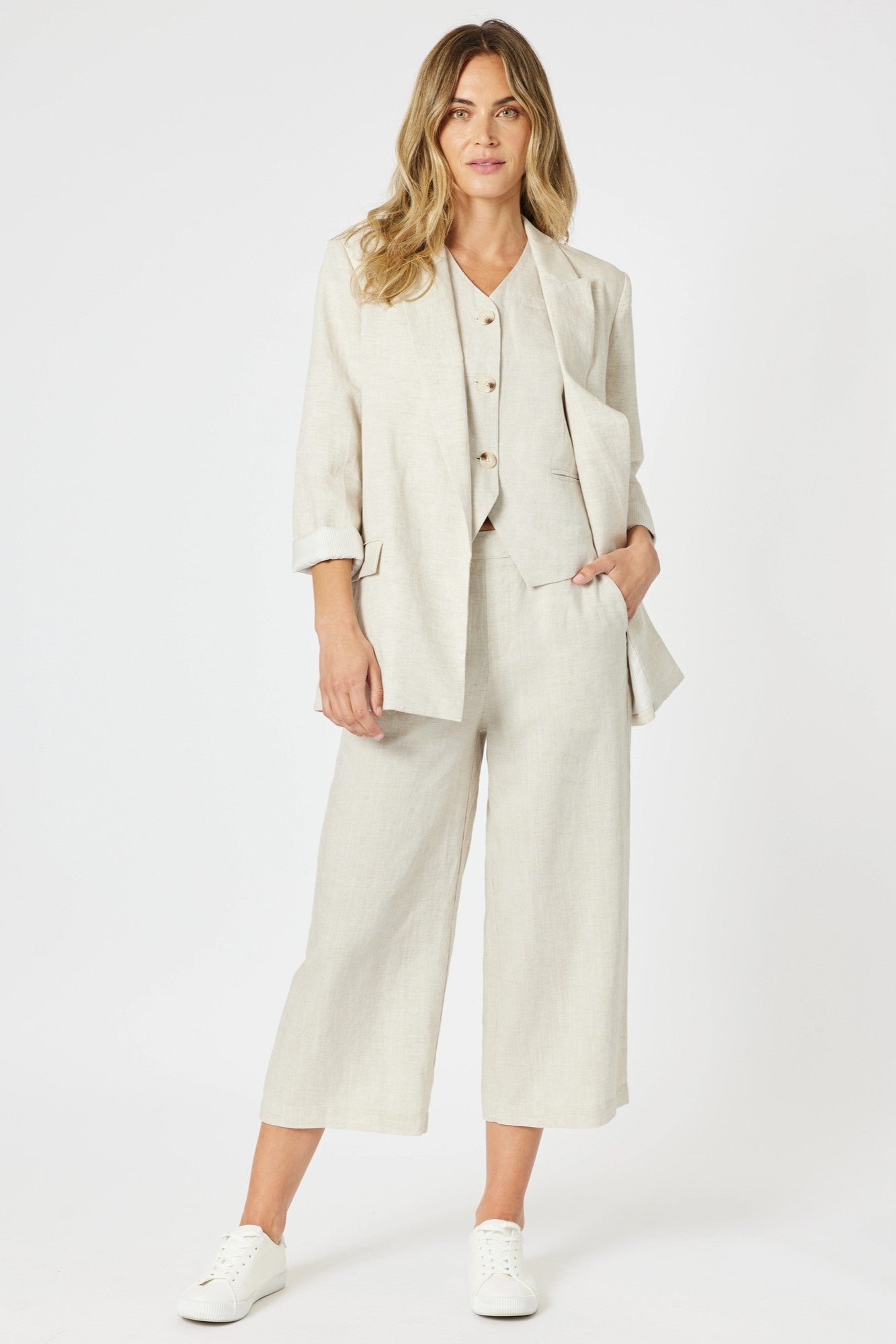 womens relaxed classic blazer in natural stone worn by model