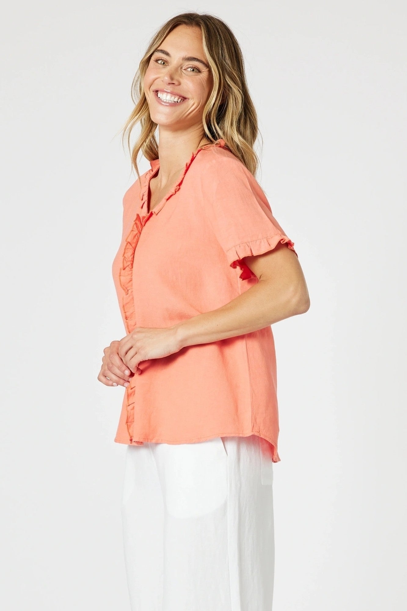 womens v neck ruffle trim detail tee in papaya side view