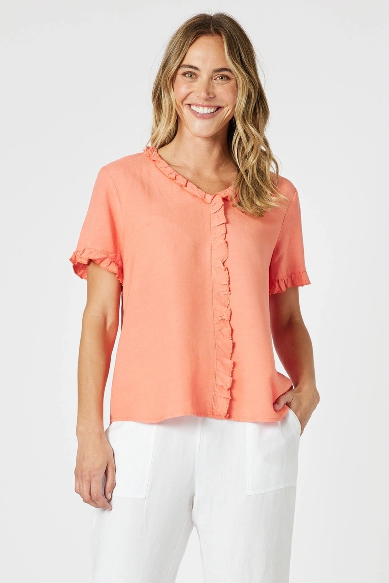 womens v neck ruffle trim detail tee in papaya