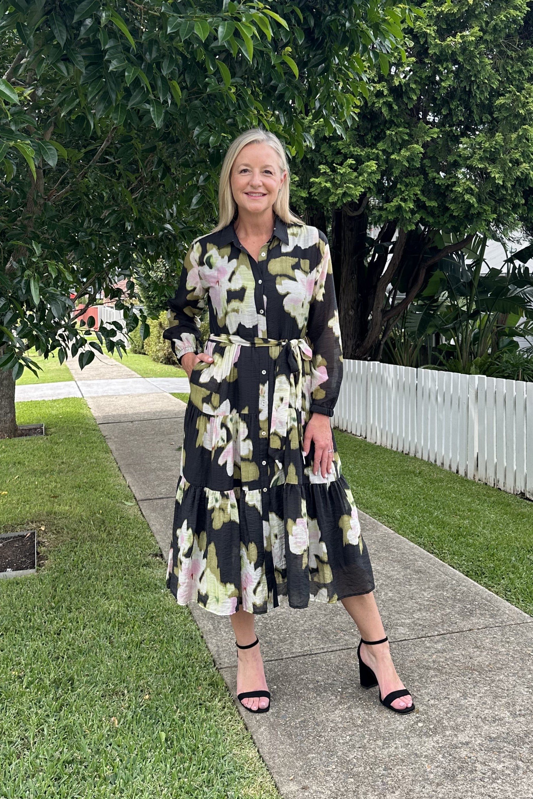 womens midi floral print dress black multi