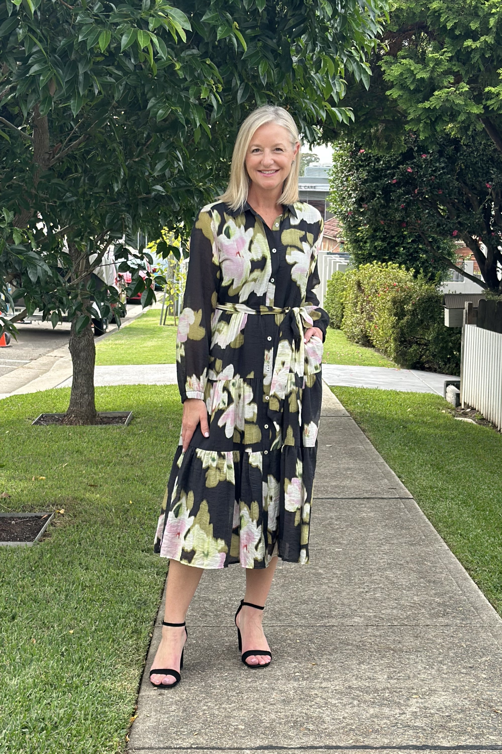 womens midi floral print dress black multi