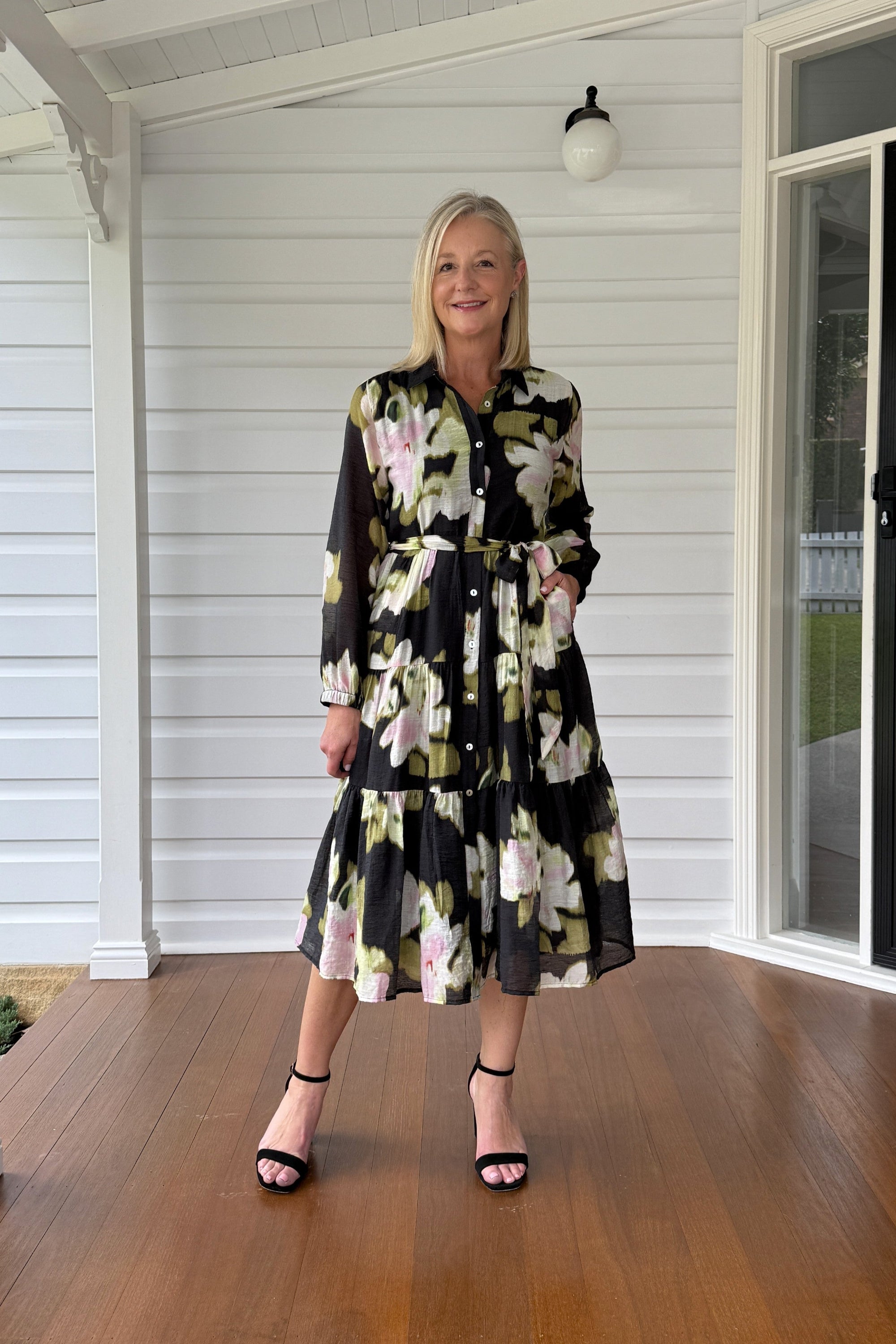 womens midi floral print dress black multi