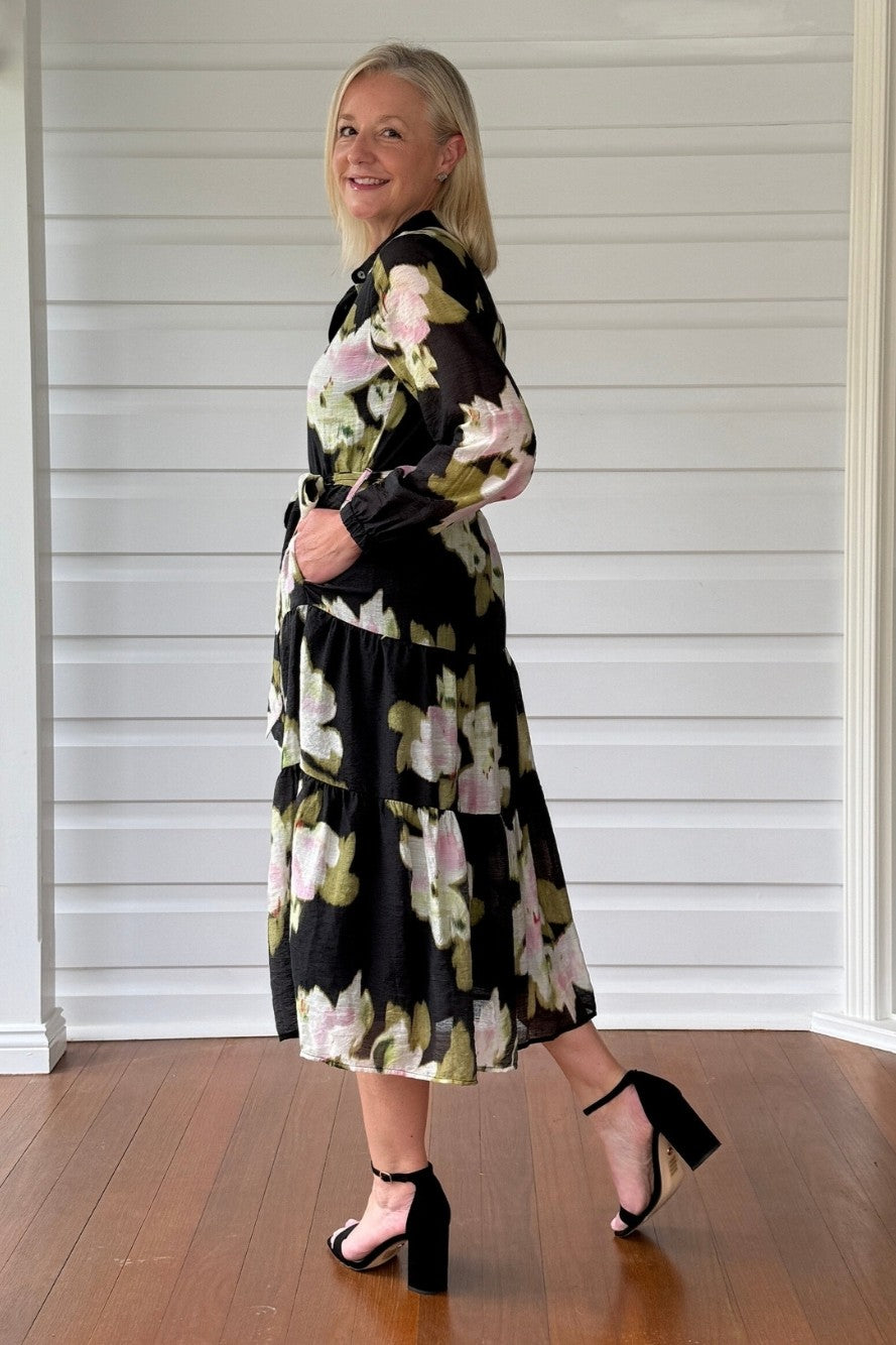 womens midi floral print dress black multi side view