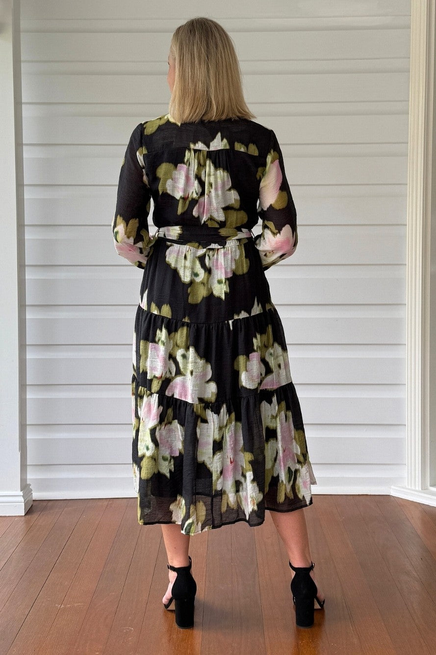 womens midi floral print dress black multi back view