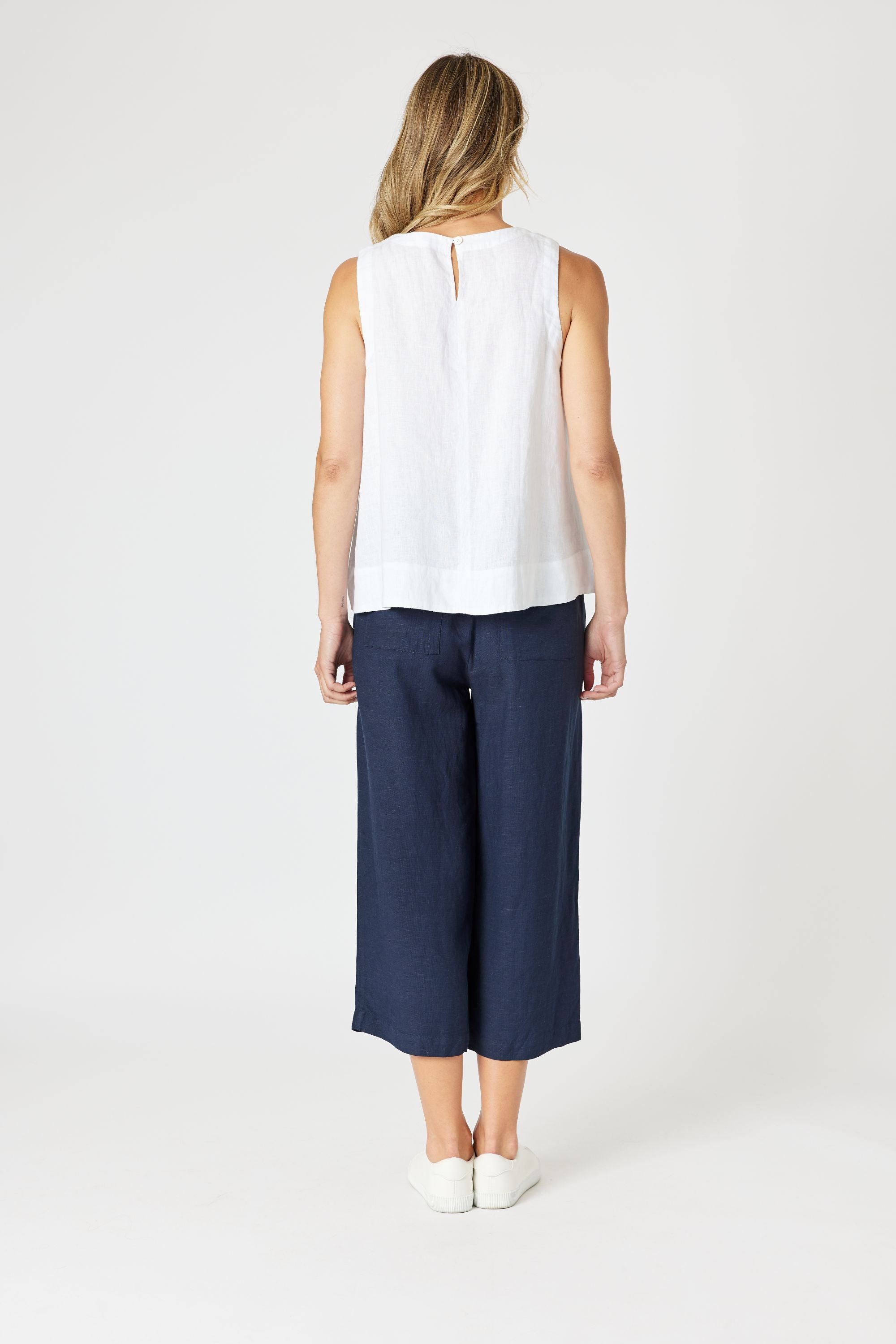 womens white square neck tank white with navy pant worn by model back view