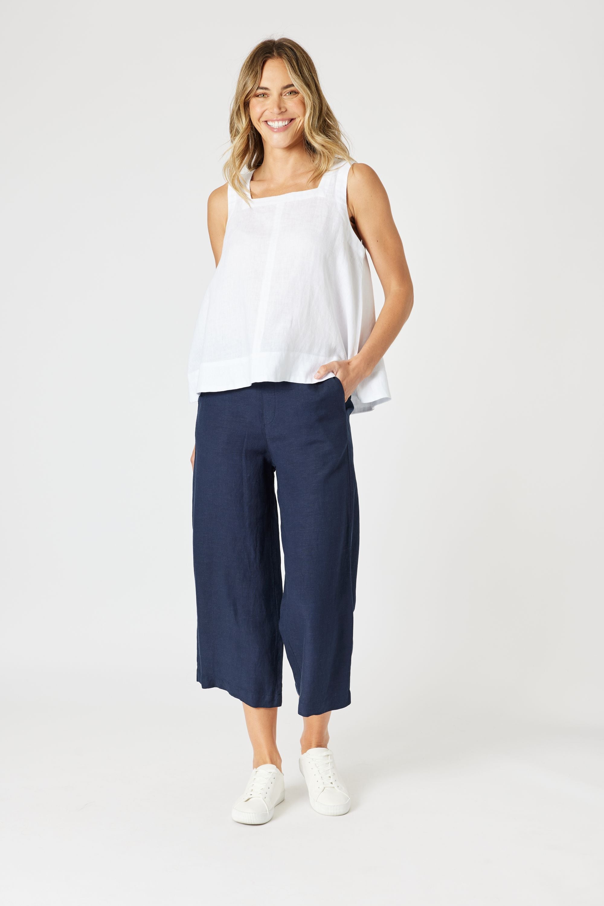 womens white square neck tank white with navy pant worn by model 