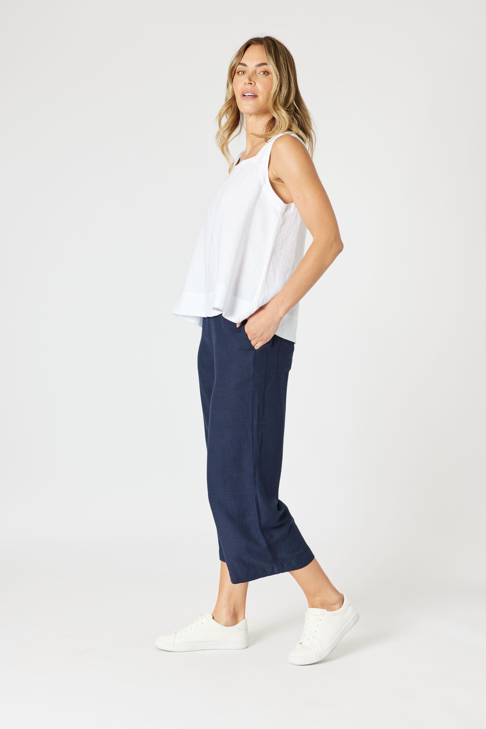 womens white square neck tank white with navy pant worn by model 