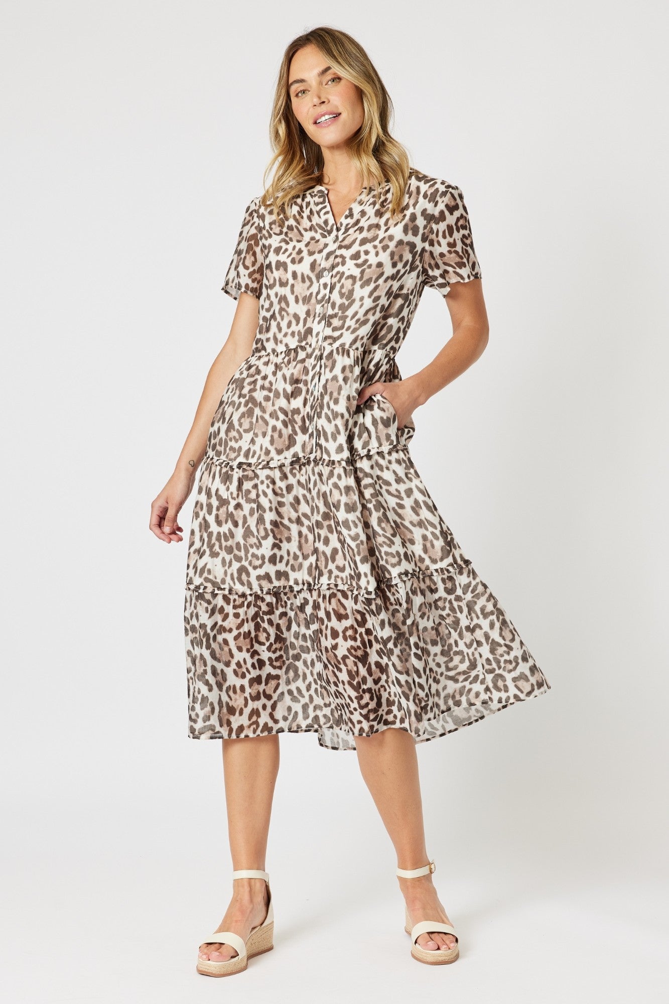 womens animal leopard print midi dress soft pleat