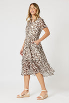 womens animal leopard print midi dress soft pleat
