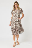 womens animal leopard print midi dress soft pleat