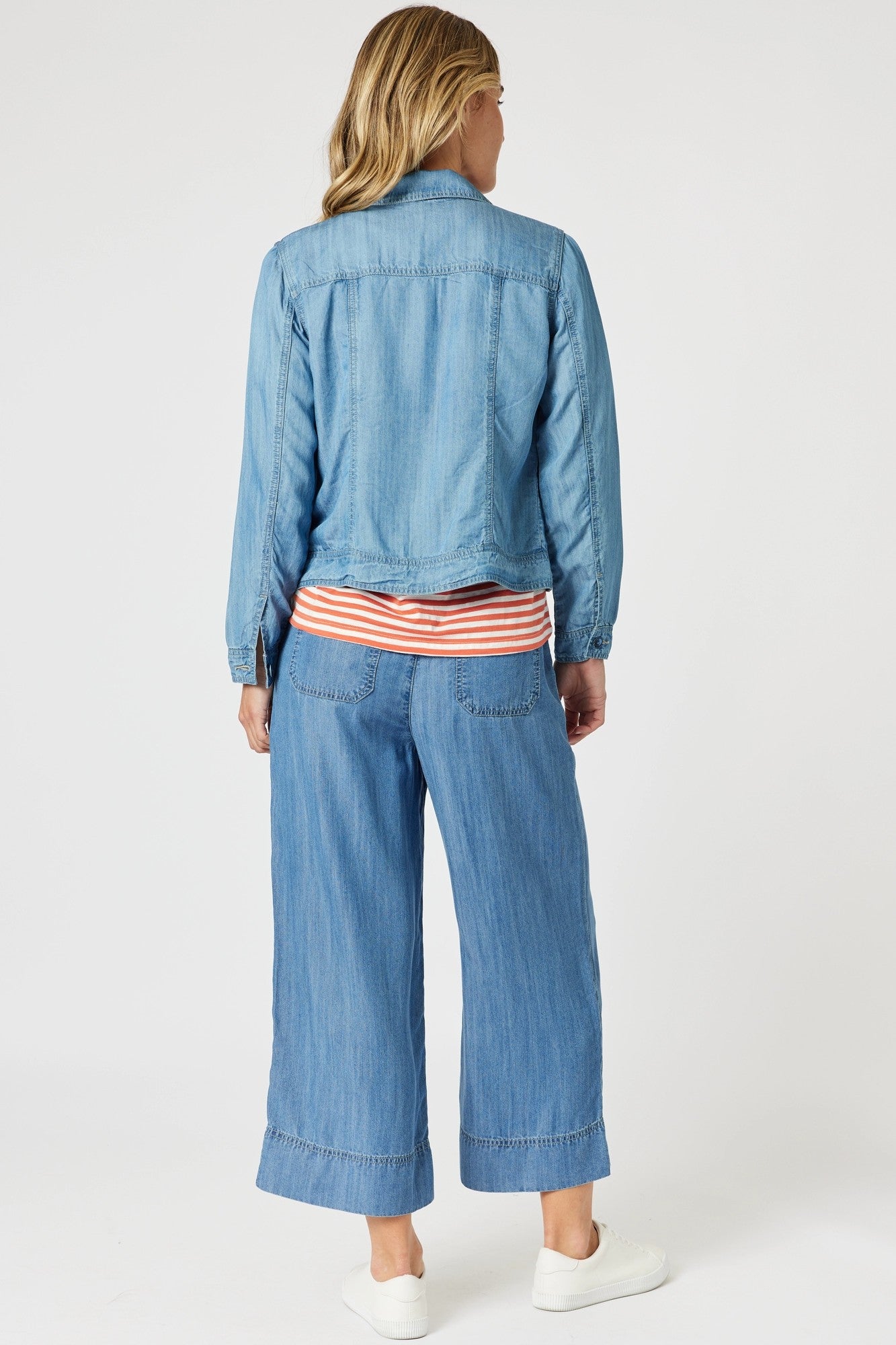 womens classic denim jacket cropped mid blue back view
