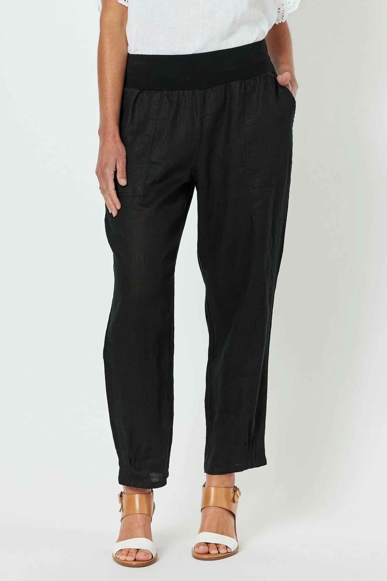 womens slim black linen pants cropped worn by model 