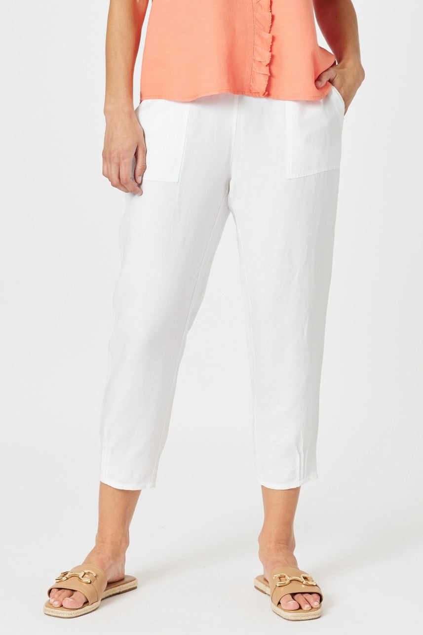 womens slim white linen pants cropped worn by model 