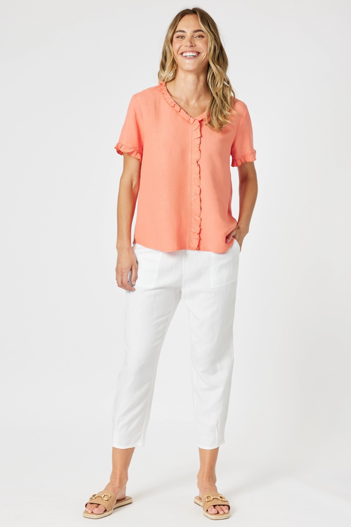 womens slim white linen pants cropped worn by model 