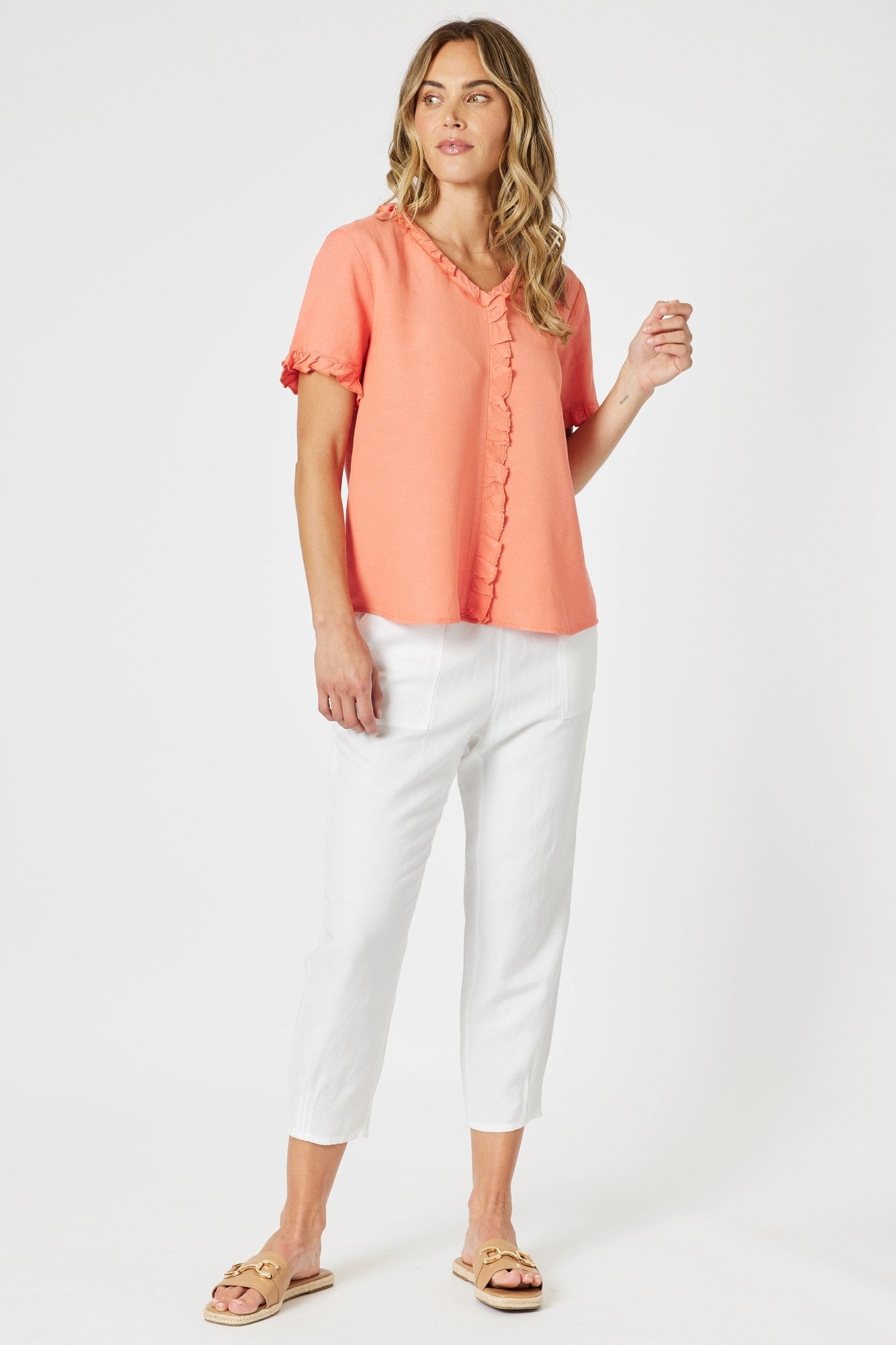 womens slim white linen pants cropped worn by model 